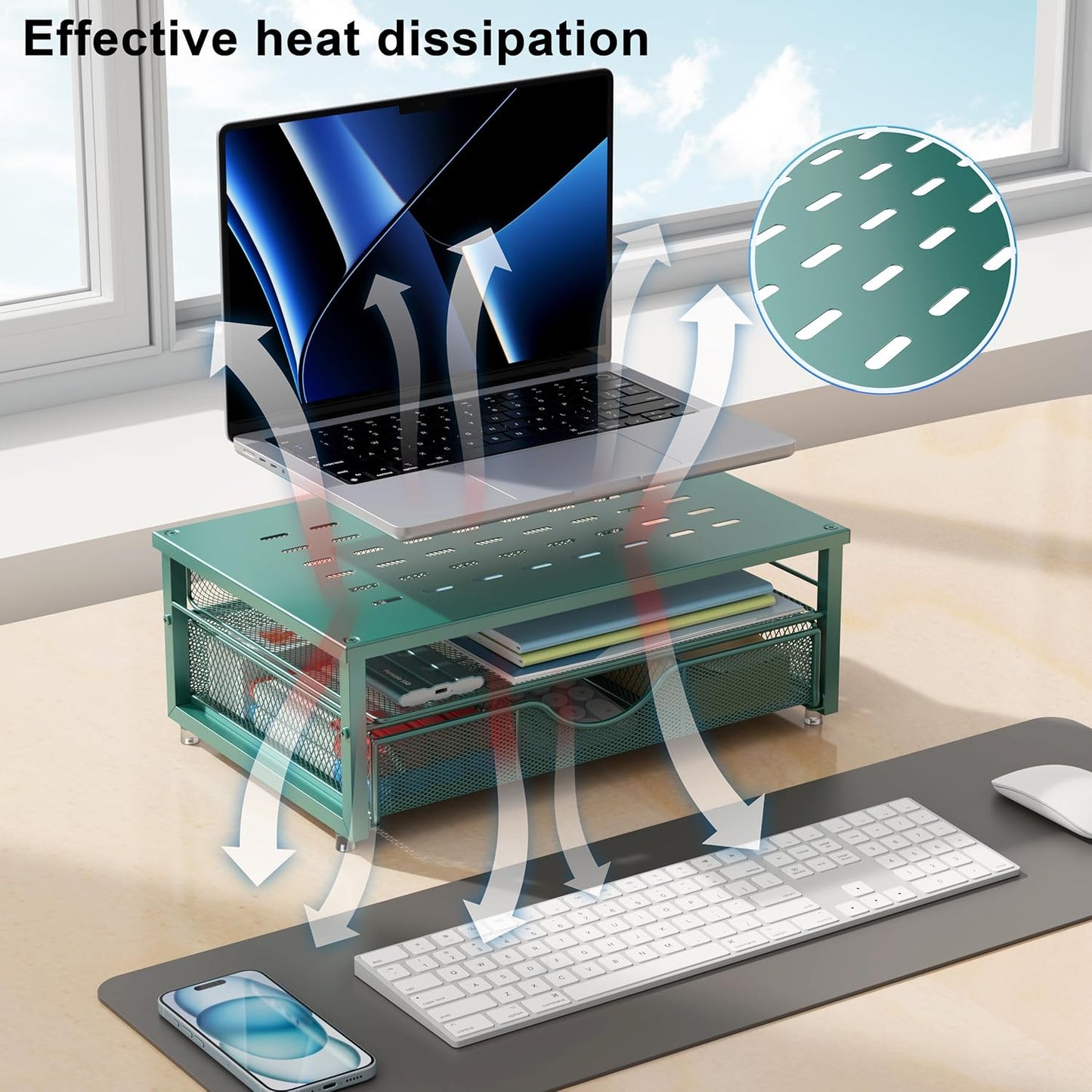 gianotter Computer Monitor Stand Riser, office organizer with Drawer, Office Organizers Storage for Classroom Office Supplies (Dark Green)