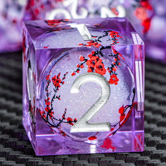 ARUOHHA DND Resin Dice Plum Blossom Liquid Core Silver Purple Sharp Edged Polyhedral Dragons Dice Set with Gift Box, Dungeons D and D Dice Compatible with D&D Role Playing Game D20 D12 D8 D6 D4
