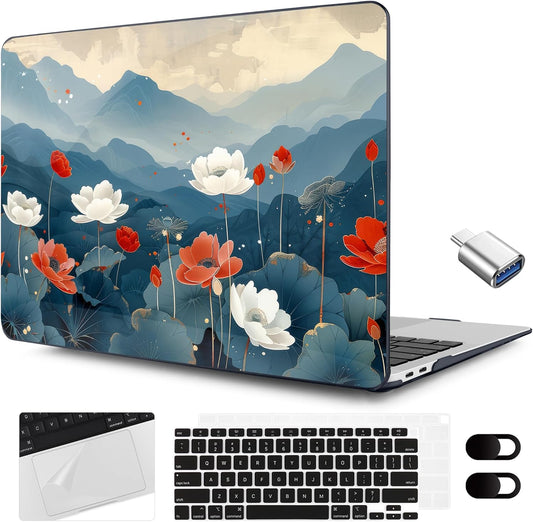 MEEgoodo for MacBook Air 13.3 inch Case 2021 2020 2019 2018 A2337 M1 A2179 A1932, Laptop Shell for MacBook Air M1 with Keyboard Webcam Cover & Trackpad Film & Type C Adapter,Lotus Fields