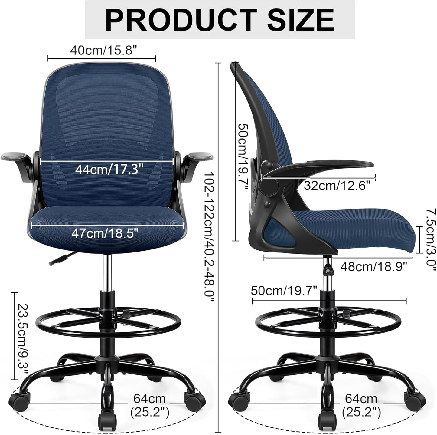 Drafting Chair Tall Office Chair with Flip-up Armrests, Adjustable Height, Enhanced Lumbar Support Ergonomic Rolling Stool, Back Support, Adjustable Foot Rest Ring for Standing Desk Navy