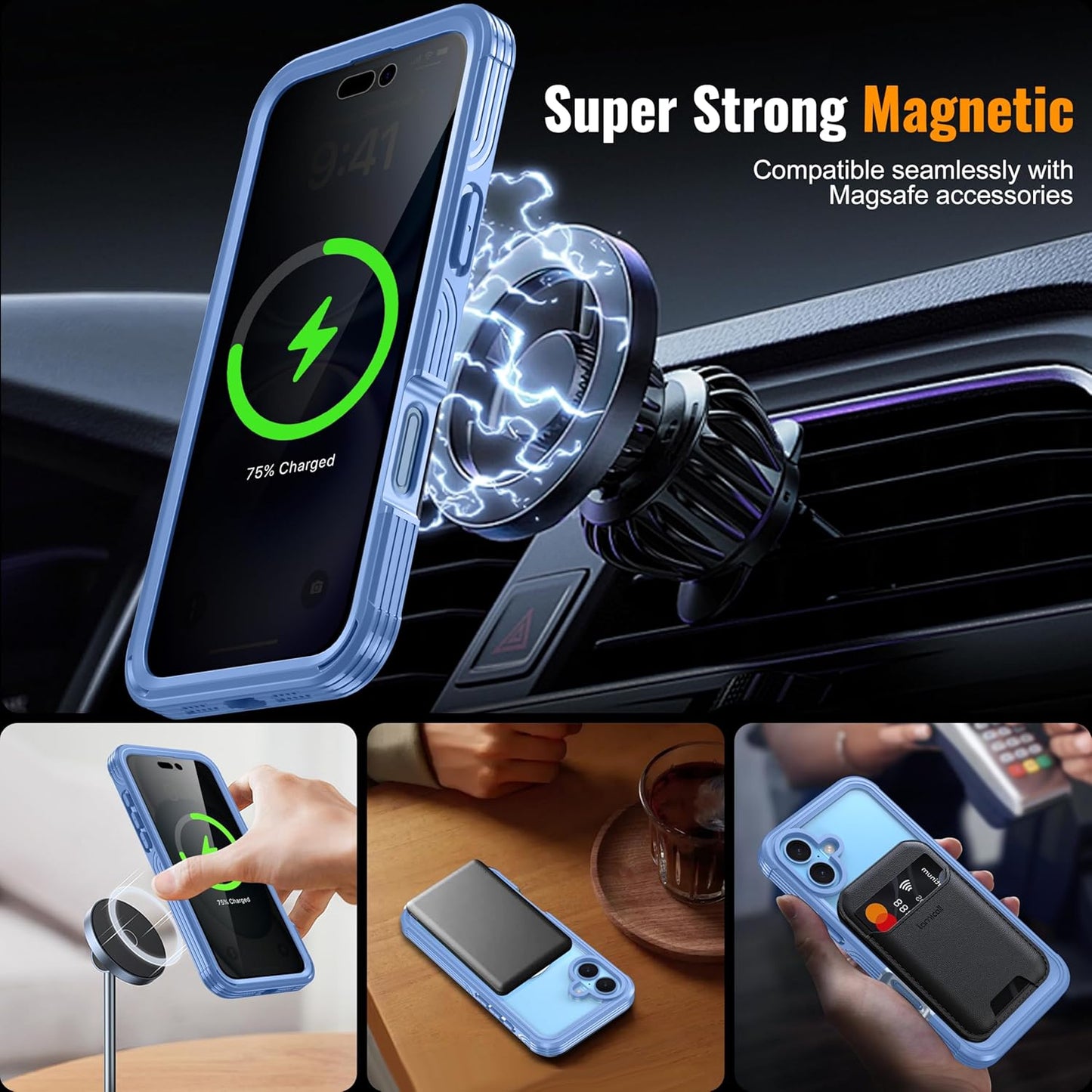 360° Protection Magnetic for iPhone 16 Case Built-in 9H Privacy Screen Protector & Metal Stand[Fit for Magsafe][Anti-Spy][Lens Protector] Heavy Duty Shockproof Phone Case for iPhone 16(Blue)