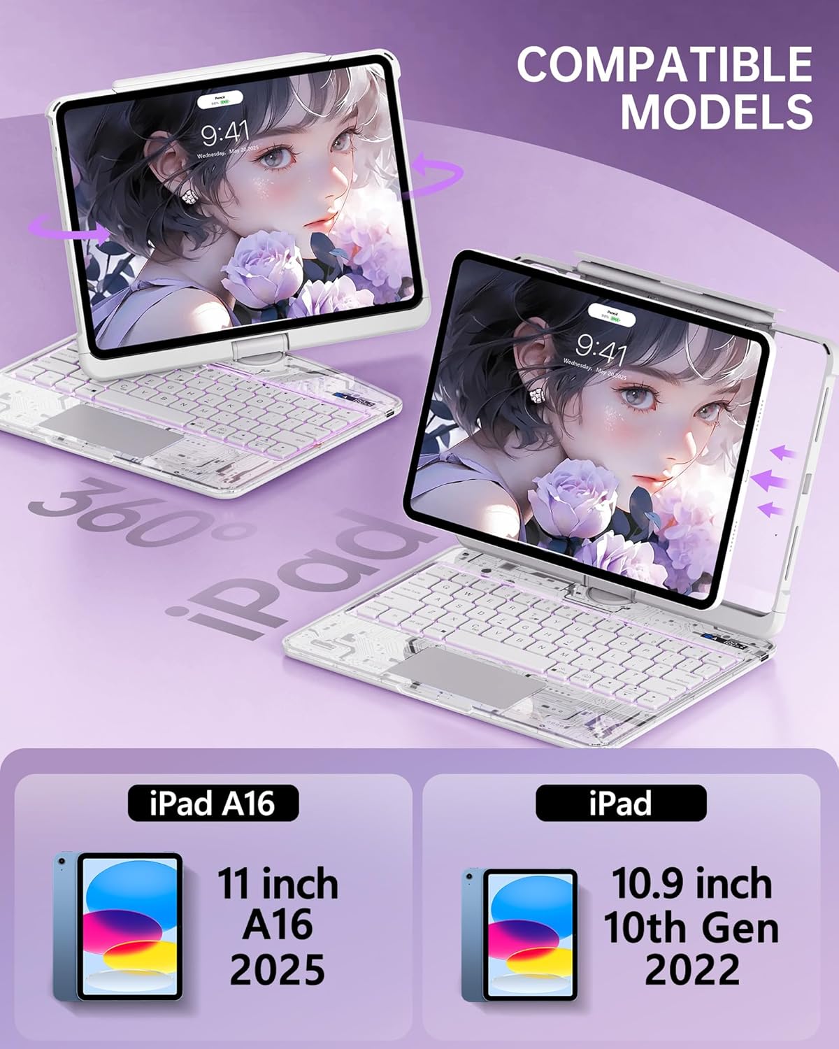 Intermerge Clear iPad A16 11th & 10th Generation 10.9" Case with Keyboard, 360° Transparent Multi-Touch Trackpad, 7-Color RGB Keyboard, Pencil Holder, Type-C, Power Indicator, Frost Pulse
