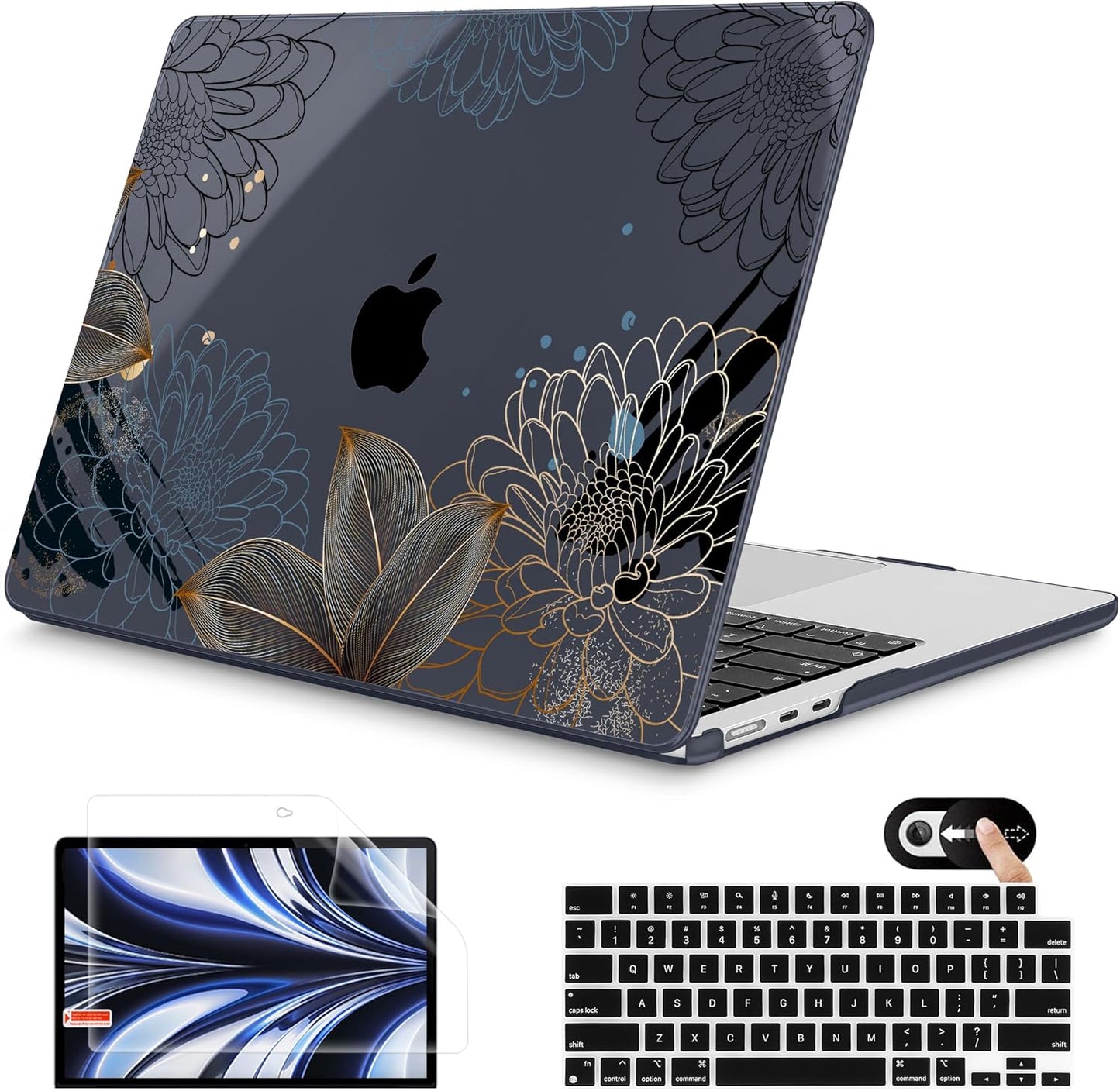 Mektron for 2025 M4 MacBook Air 13.6 Inch A3240 Case Fits 2023 A2681 M2 2024 A3113 M3 Chip with Liquid Retina Display, Printed Plastic Hard Shell Cover for MacBook Air 13.6", Line Chrysanthemums
