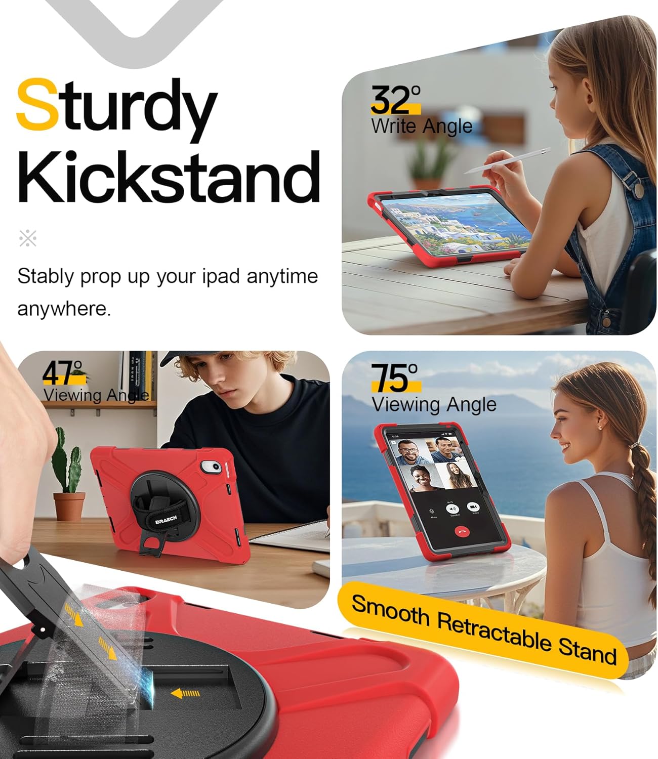 BRAECN for iPad (A16) 11th/10th Generation case 11/10.9 inch 2025/2022 Heavy Duty Shockproof Protective with Pencil Holder Screen Protector 360°Rotating Stand Handle & Shoulder Strap Full Body Cover