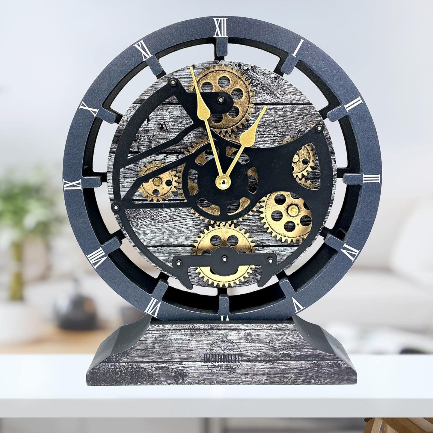 ImprovingLife The Gears Clock Desk Clock 10 inches with Real Moving Gears Convertible into Wall Clock (Carbon Grey)