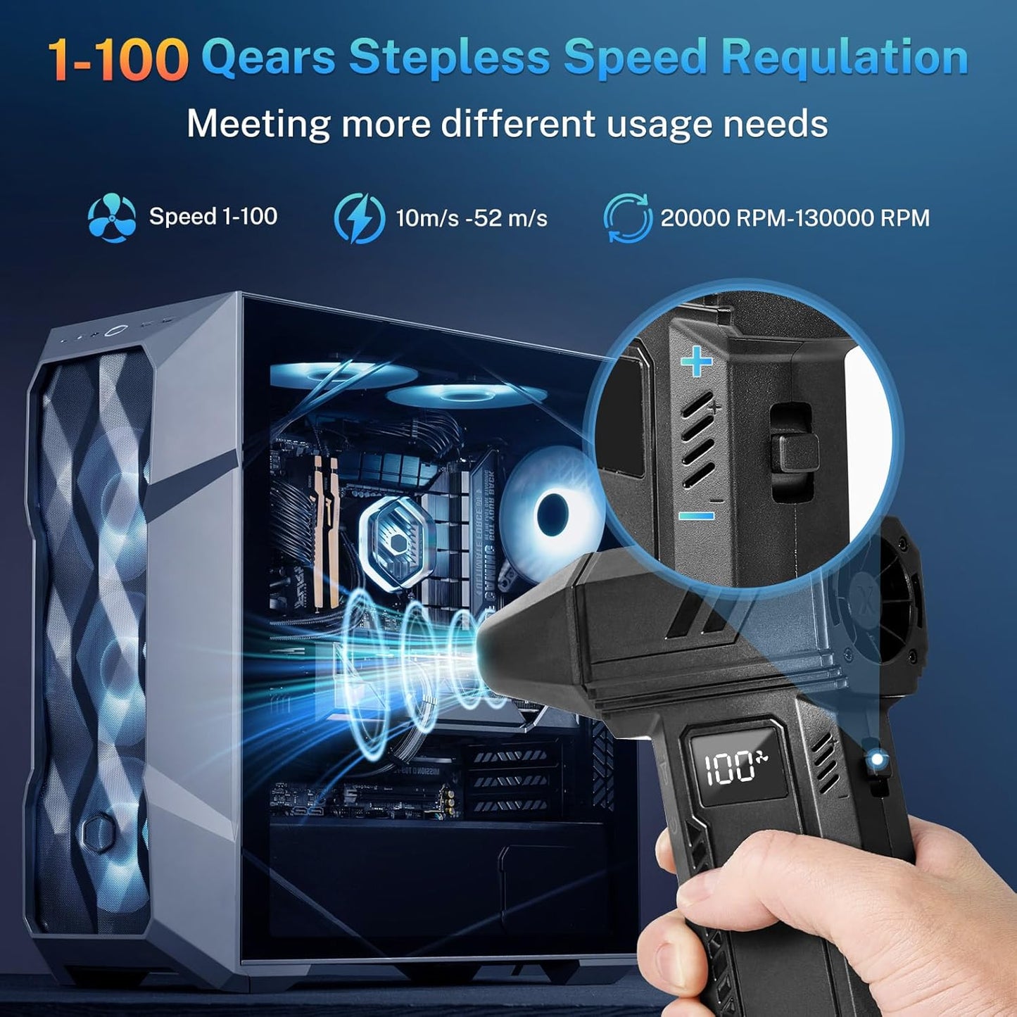 2-in-1 Electric Compressed Air Duster & Car Vacuum Cleaner - 130000RPM High Power Air Blower with LED Light 100-Gear Rechargeable Strong Keyboard Cleaner for PC, Laptop, Home, Car - Black