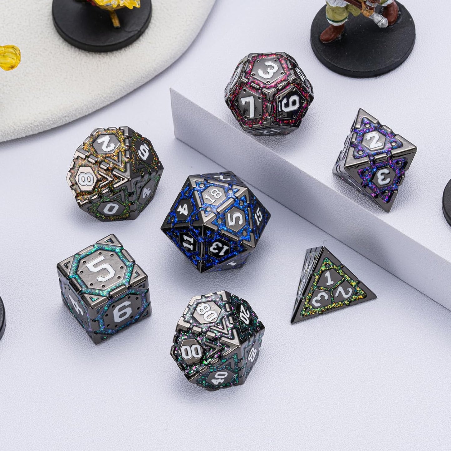DND Metal Dice Set, Polyhedral Dice Set for RPG D&D Dice with Cracks Dungeons and Dragons Dice Set for RPG TTRPG D&D Die with Gift Case(Black Nickel 7 Colors)