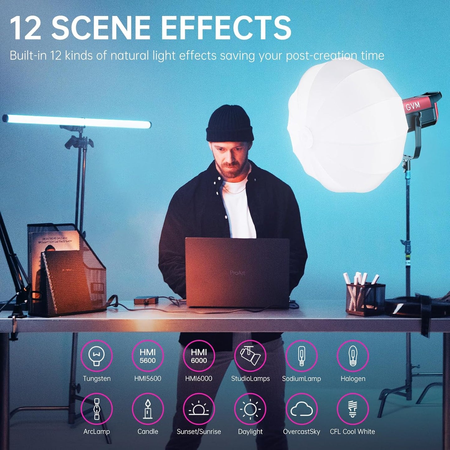 GVM 300W Photo Lighting RGB Video Light with Bowens Holder Lantern Softbox and Stand CRI 97+ CCT 2000K~10000K 6 Lighting Scenarios Application Program Controlled Studio Photo Lights