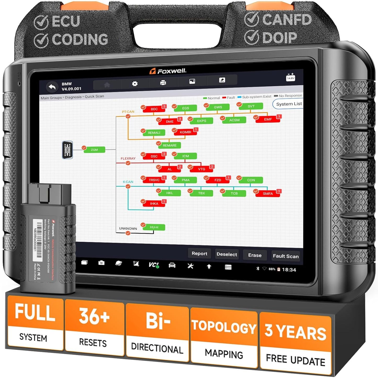 FOXWELL NT1009 All-System Bi-Directional Scan Tool with All Reset Services, Topology Mapping, V.A.G Guide & FCA SGW Support, CAN-FD DoIP Diagnostic Scanner for All Cars, 3-Year Free Updates