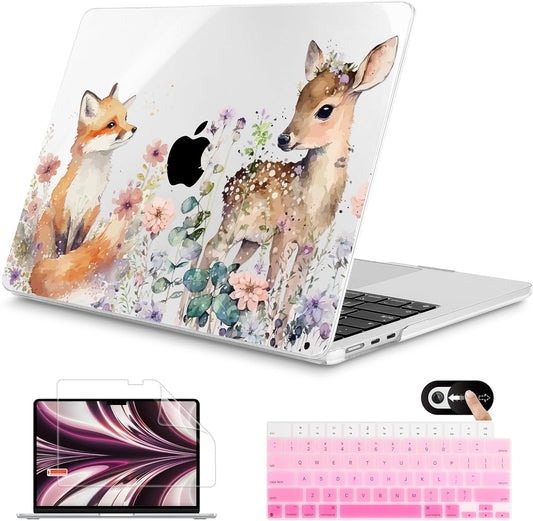 Mektron for 2025 M4 MacBook Air 13.6 Inch A3240 Case Fits 2023 A2681 M2 2024 A3113 M3 Chip with Liquid Retina Display Touch ID, Printed Plastic Hard Shell Cover for MacBook Air 13.6", Fox and Deer
