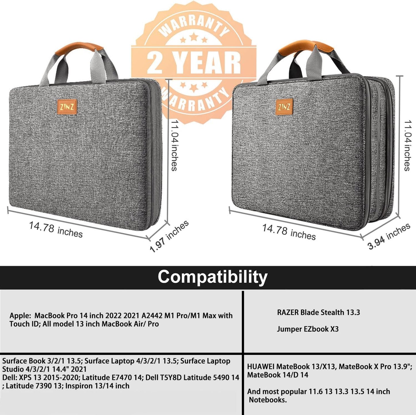 ZINZ Slim Expandable 13 13.3 13.6 14 Laptop Case Sleeve Compatible with MacBook Air/Pro 13-14 M1 M2 M3 2021-2023 Pro/Max,13.5 Surface Laptop 4/3,D01G01