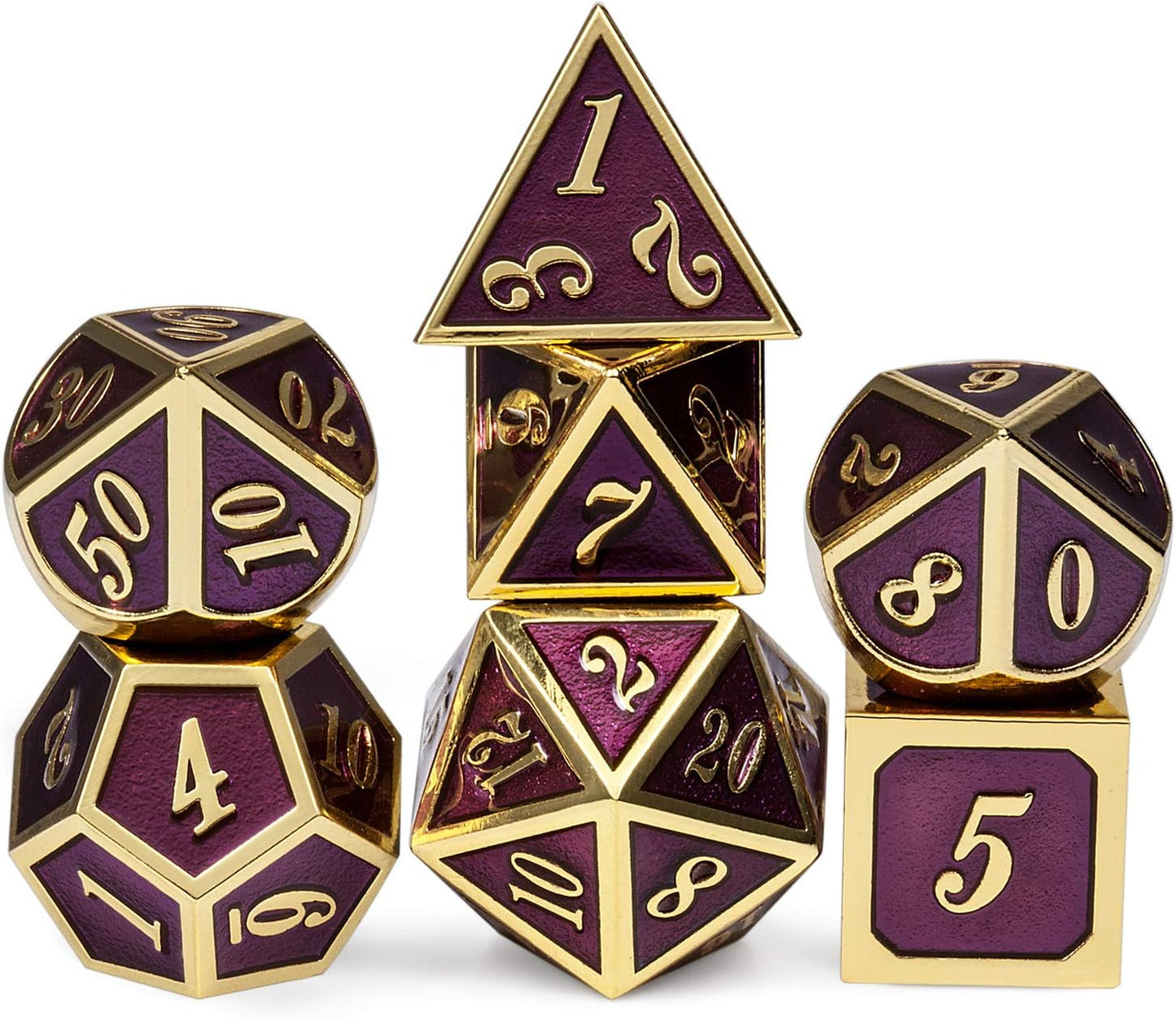 D&D Table Game Dice Set, 7PCS Metal Die with Metal Gift Box for Dungeons and Dragons (Dark Purple and Gold Number)