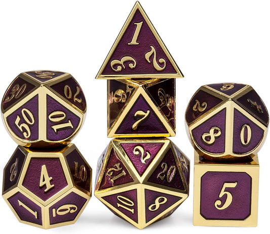 D&D Table Game Dice Set, 7PCS Metal Die with Metal Gift Box for Dungeons and Dragons (Dark Purple and Gold Number)