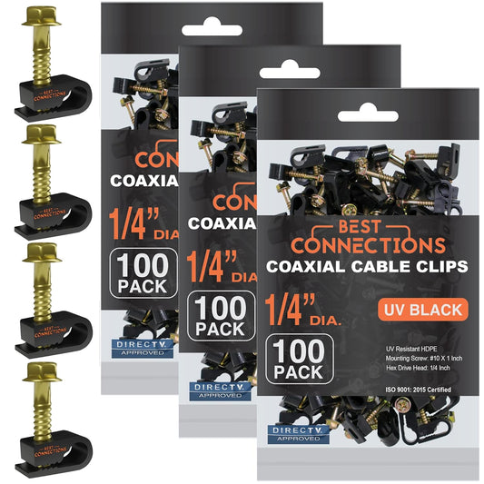 BEST CONNECTIONS Coaxial Cable Clips With Pre-Inserted Screw (300 Pack) - Black Single Mounting Clamps for Coax (RG6, RG59) and Ethernet - Cord Fastener/Strain Relief Clip