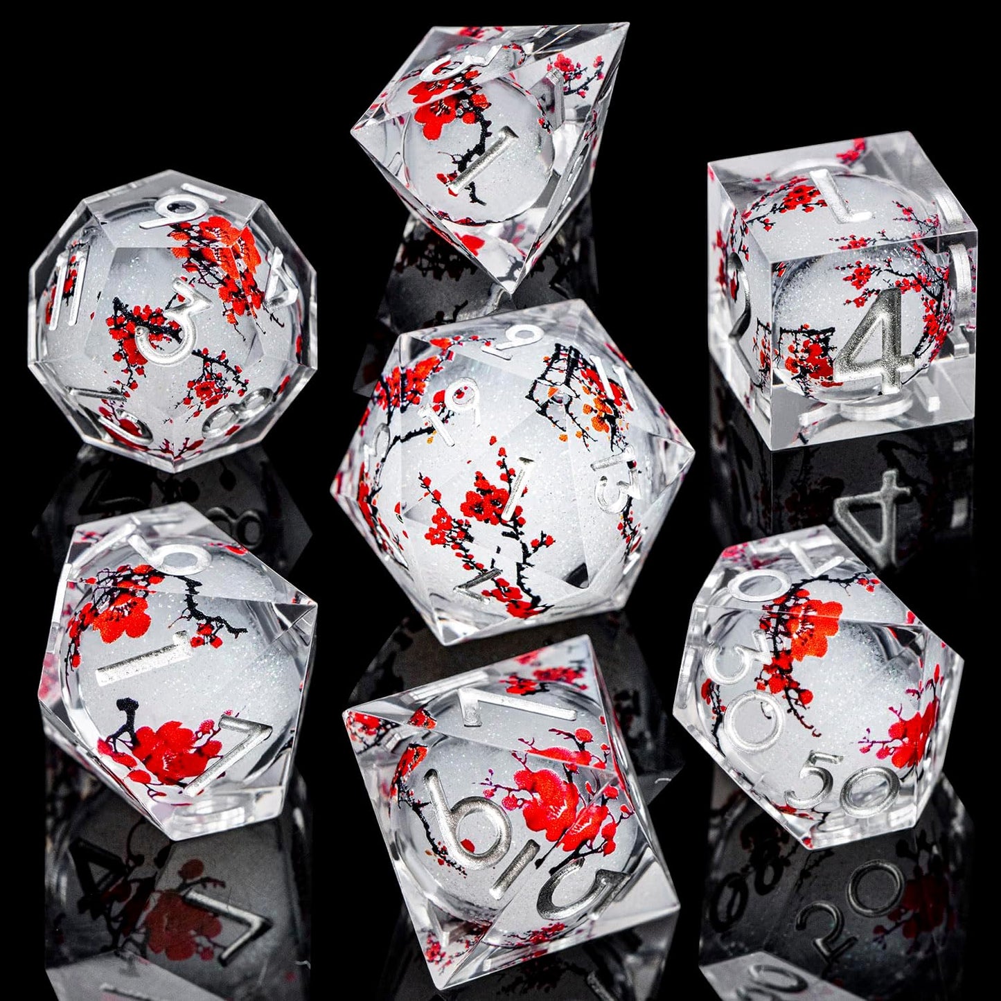 ARUOHHA DND Resin Dice Plum Blossom Liquid Core White Sharp Edge Dragons Polyhedral Dice Set with Gift Box, Compatible with D&D Role Playing Game Dungeons D and D Dice Set D20 D12 D10 D6
