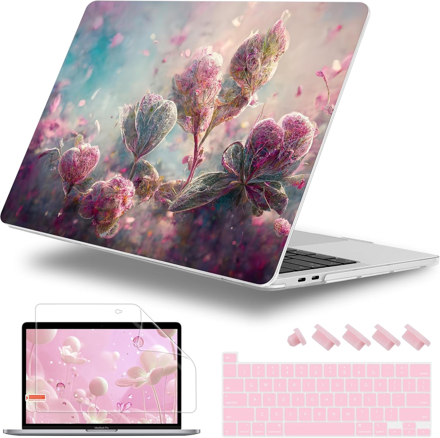 Case for MacBook Pro 13 inch with/Without Touch Bar (2016-2022, M2 A2338 M1 A2289 A2251 A2159 A1989 A1706 A1708), Hard Shell + Keyboard Cover + Dust Plug - Flowers