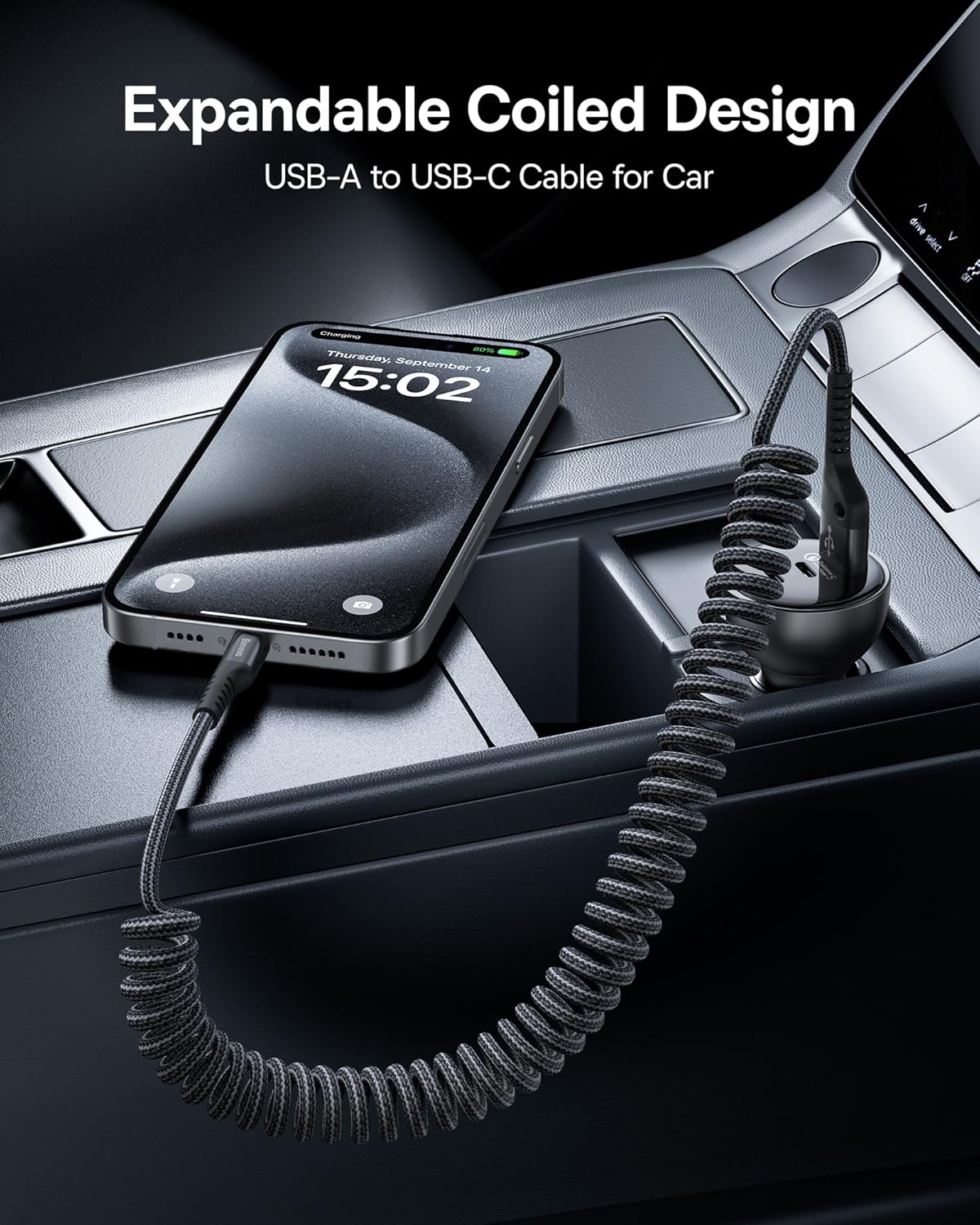 Baseus USB Type C Cable for Car, 2-Pack 3.3ft 100W Retractable Coiled USB A to USB C Fast Charger Cord, Nylon Braided Carplay Cable Compatible with iPhone15/Pro/Plus/Pro Max, Galaxy S24 S23, Note 20