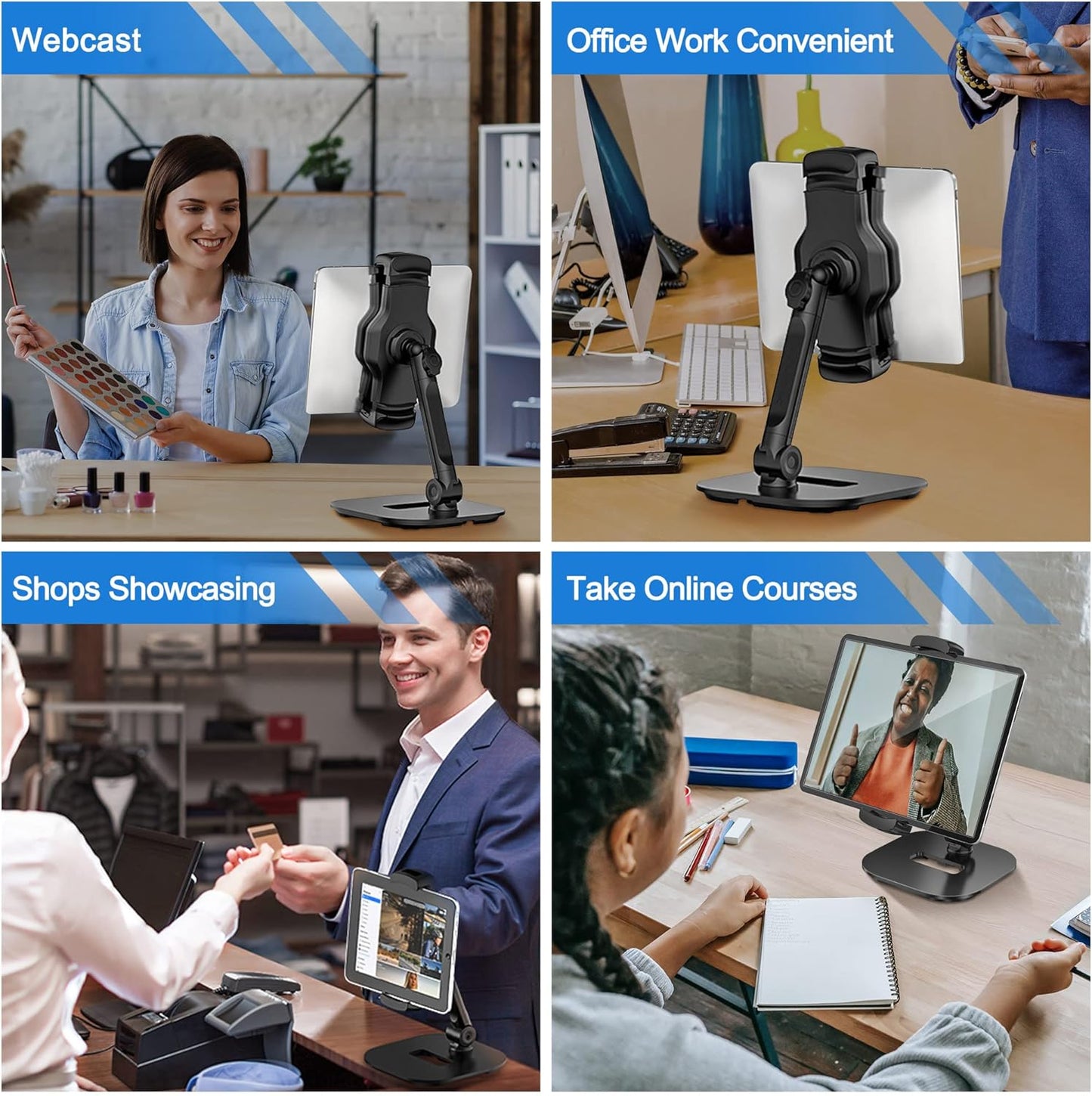 AboveTEK Upgraded Desktop Tablet Stand, 360° Swivel Tablet & Phone Desk Mount Holders for Any 4.7''-13.5'' Display iPad/Cell Phones, Stylish & Sturdy Stands for Store Office Showcase Reception (Black)