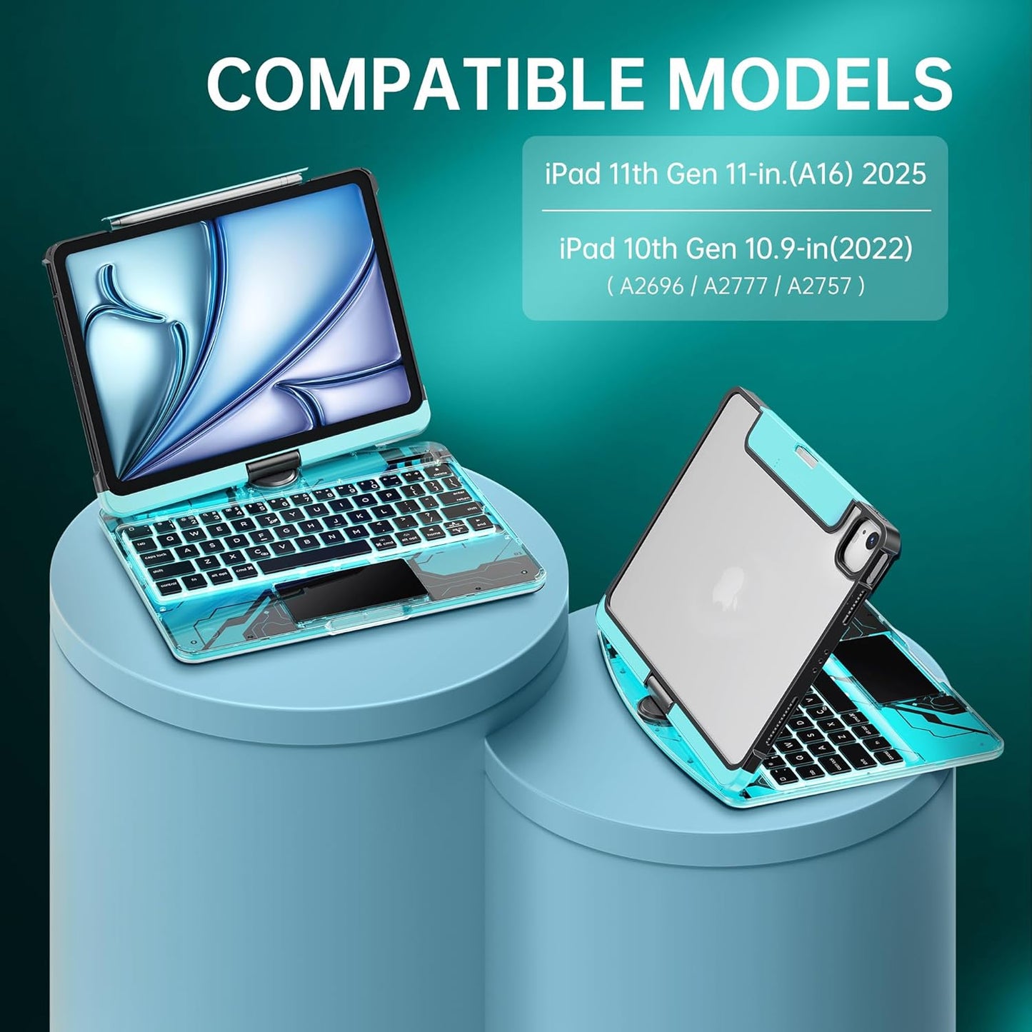 GUSGU Transparent Case with Wireless Keyboard for iPad 11th Gen 11-in.(A16, 2025), 2022 iPad 10th Gen 10.9-in, 7 Colors Backlight, Trackpad, 360°Rotating Stand, Tech Style