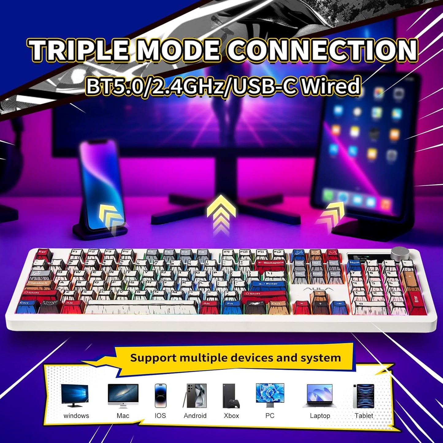 AULA F106 PRO Mechanical Keyboard,Full Size Gaming Keyboard with Hot Swappable Knob & Screen,Tri-Mode RGB Backlit with 8000mAh for PC/Laptop/Windows - Blaze Switch,Comic Mix