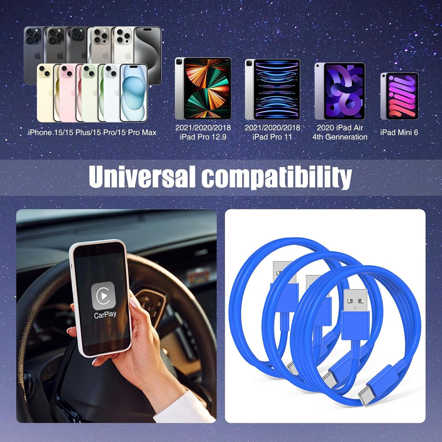 3-Pack Blue [3.3FT+3.3FT+6FT] USB A to USB C Cable, Compatible with iPhone 15/16, iPad, Samsung, MacBook, PS5 and More, Fast Charging, Carplay Cable