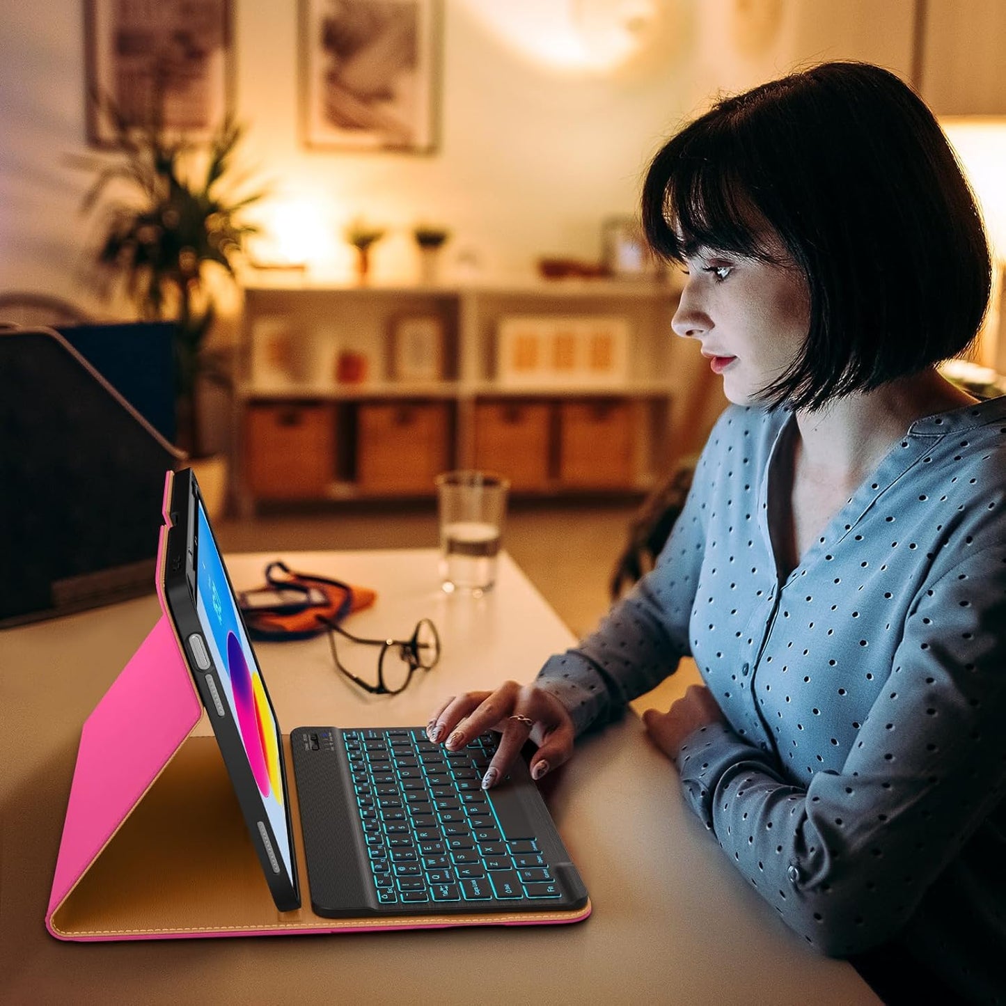 DTTO for iPad 11th (A16)/ 10th Generation Case with Keyboard (2025/2022), 7 Colors Backlit Wireless Detachable Keyboard Leather Folio Cover with Pencil Holder & Pocket, Rose Red