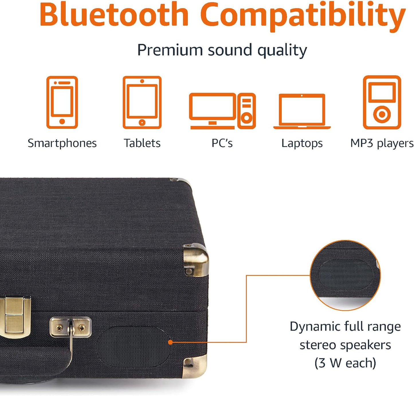 Amazon Basics Portable Suitcase Vinyl Turntable Record Player with Built-in Speakers and Bluetooth, Supports 3-Speed, Black