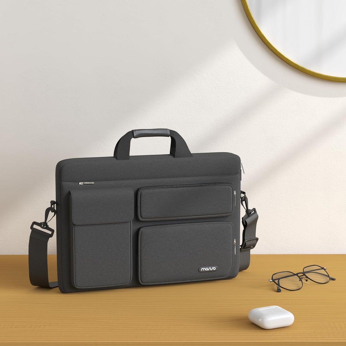 MOSISO Laptop Shoulder Bag, Computer Bag with 2 Raised&1 Flapover&1 Horizontal Pocket&Handle&Belt