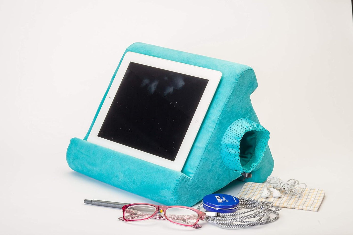 Flippy Tablet Stand with Cubby Storage and Multi-Angle Viewing for Home, Work & Travel. Our Tablet Holder Has Storage for Your All Your Personal Items. (Blue Camou)