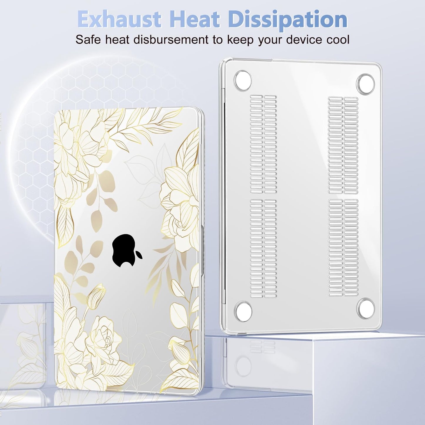 Case for MacBook Air 15 Inch 2025 2024 2023 Release M4 A3241 M3 A3114 M2 A2941, Hard Shell with Screen Protector & Keyboard Cover, Compatible with Touch ID - Gold Rose Flowers