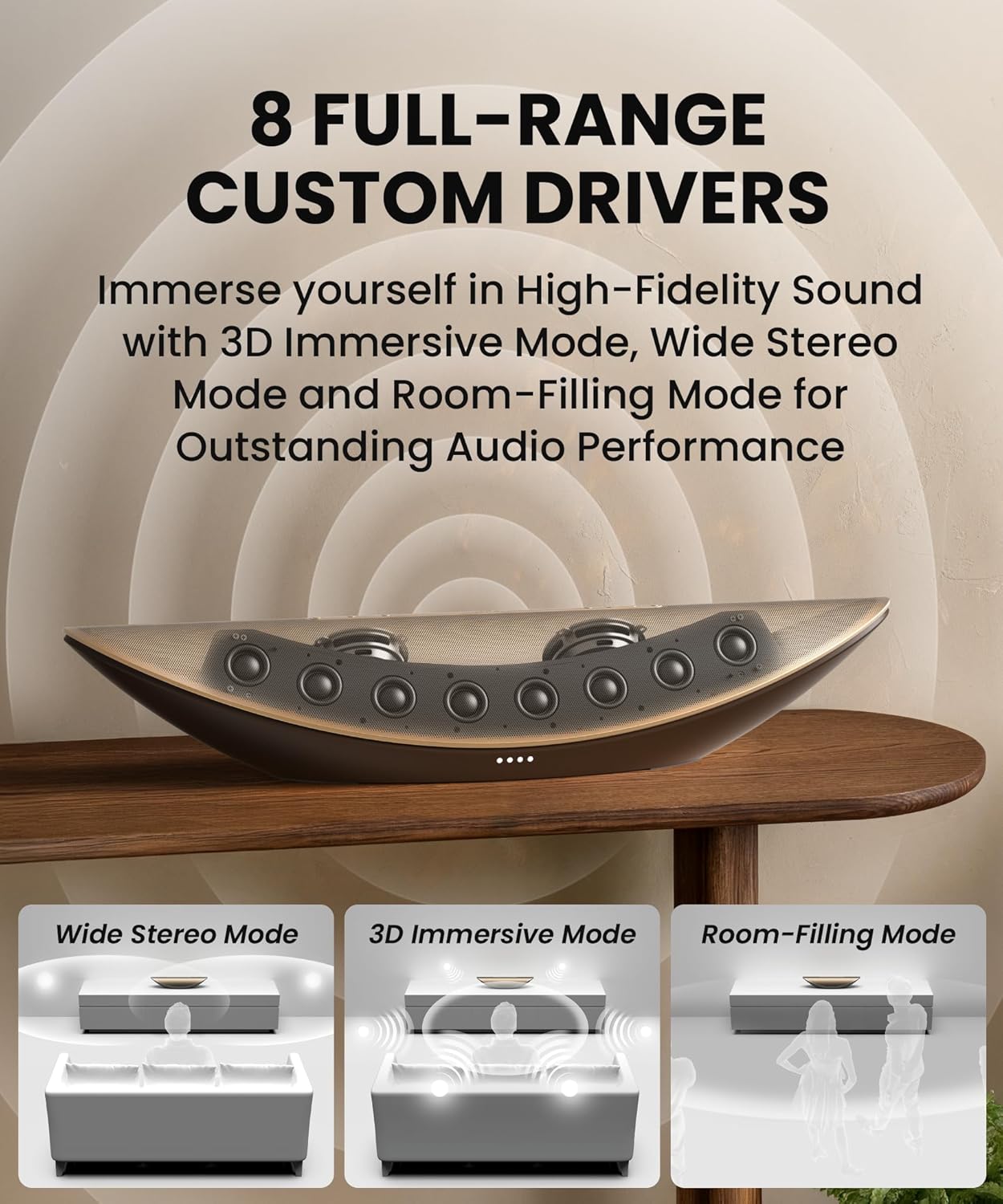 Cleer Crescent Smart Audio Bluetooth Speaker, 3 Hi-Res Audio Certified Sound Modes – 8 Linear 40mm Drivers with Dual 84mm Woofers Array 3D Room-Filling Sound, Wi-Fi/Bluetooth Streaming, Premium Design