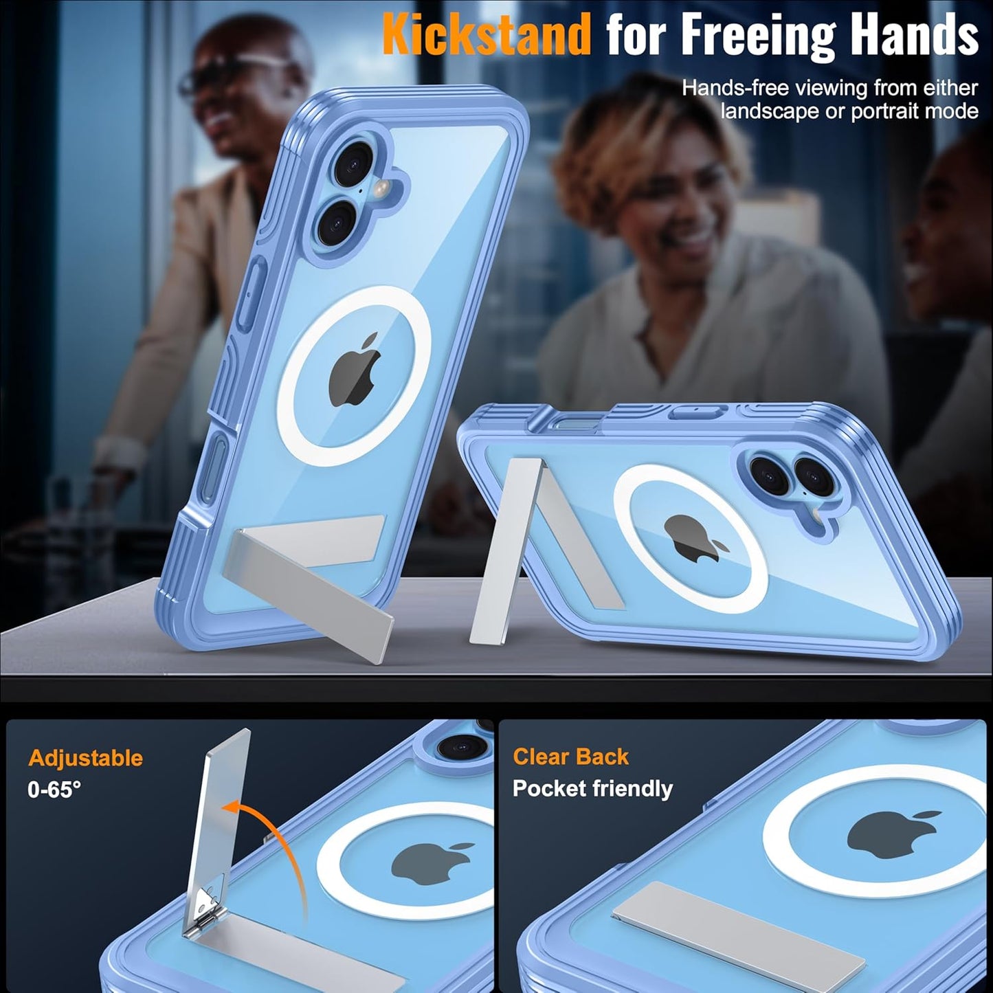 360° Protection Magnetic for iPhone 16 Case Built-in 9H Privacy Screen Protector & Metal Stand[Fit for Magsafe][Anti-Spy][Lens Protector] Heavy Duty Shockproof Phone Case for iPhone 16(Blue)