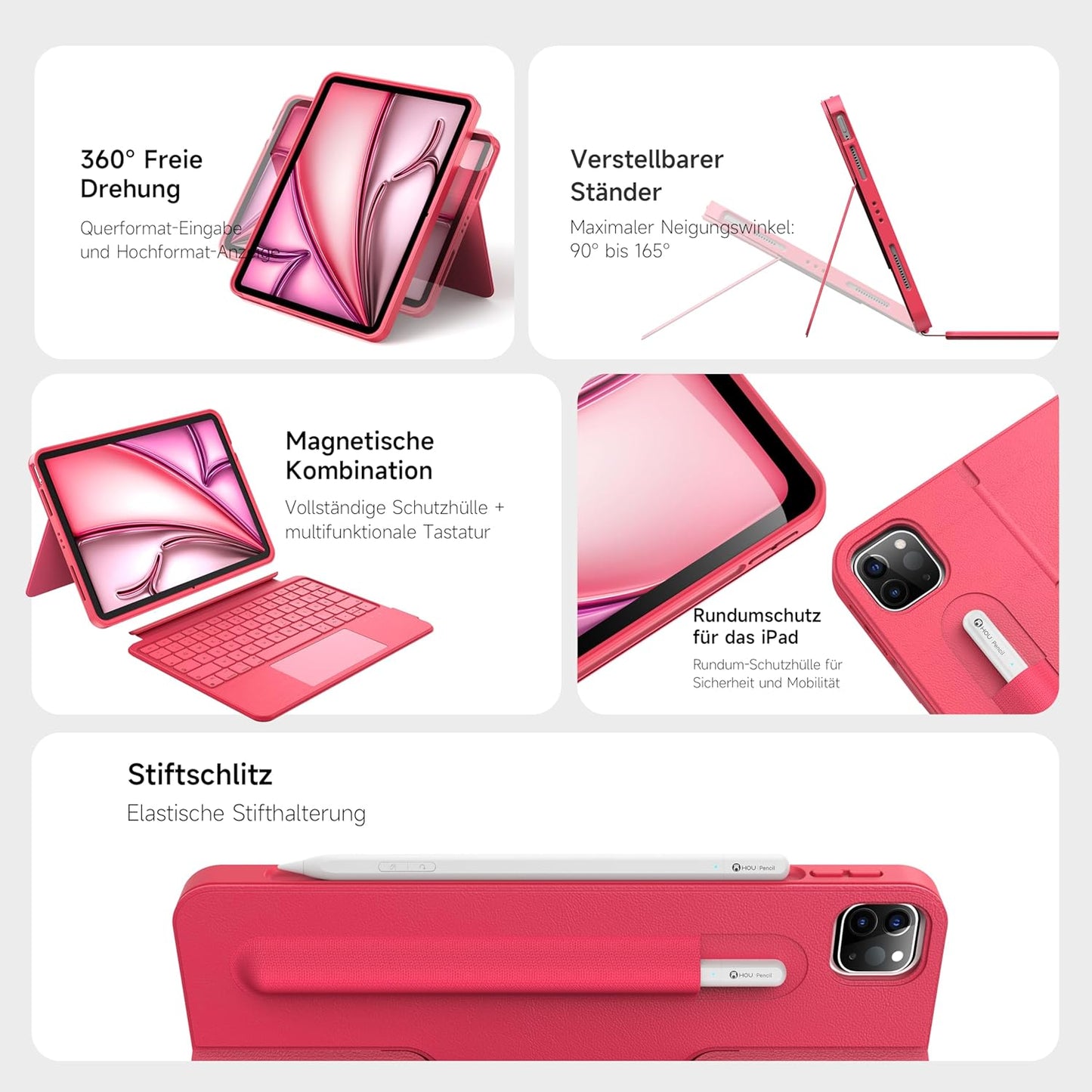 HOU Rotatable Keyboard Case for iPad Air 11 (M3/M2 2025), Magnetic Detachable Case with Keyboard for iPad Pro 11 (4th/3rd/2nd/1st Gen) and iPad Air (6th/5th/4th Gen) with Touchpad, Backlight - Magenta