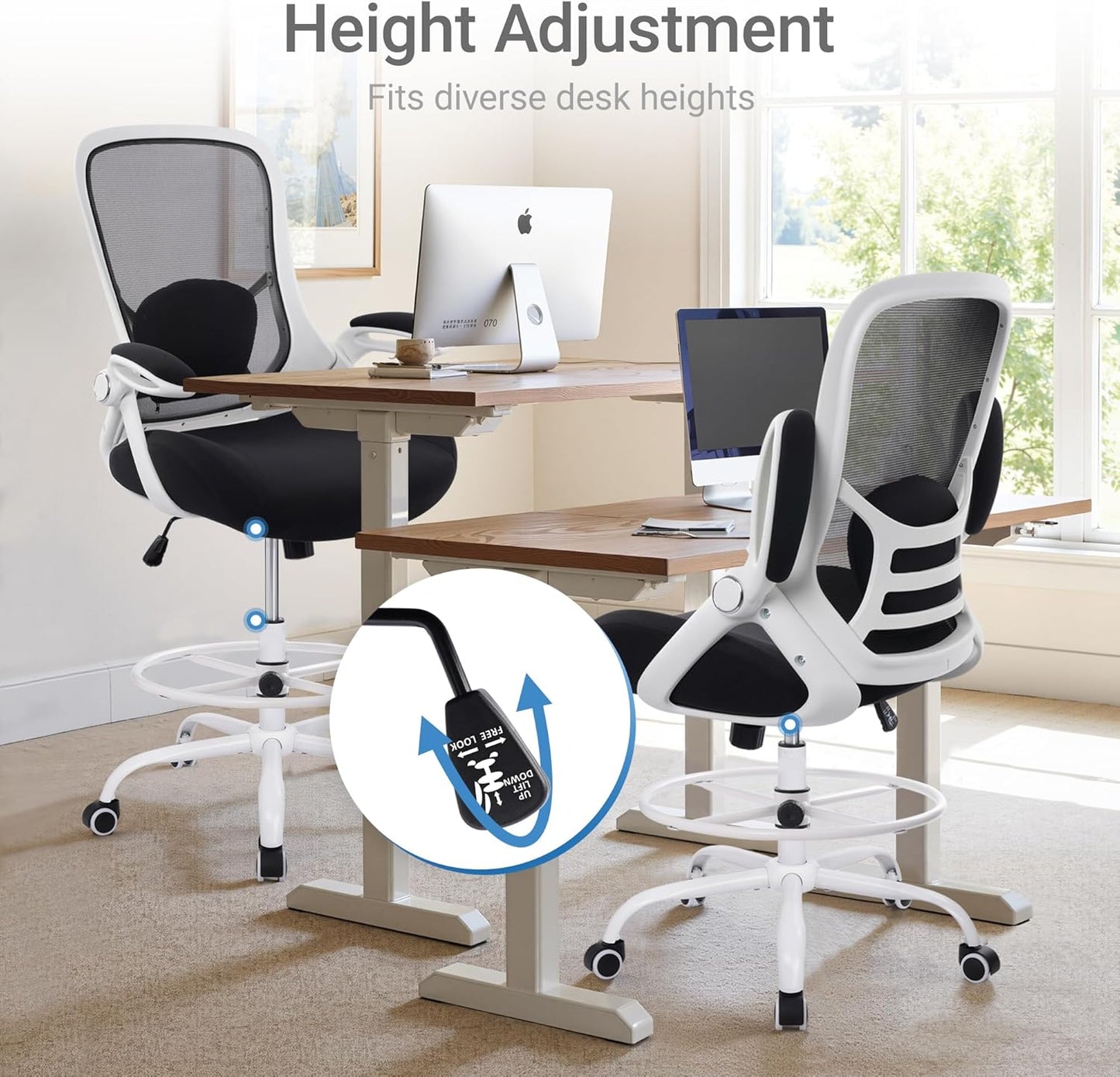 HYLONE 400lbs Heavy Duty Drafting Chair 5" Thickened Seat Office Chair with Flip-Up Armrests Tall Ergonomic Computer Chair with Lumbar Support and Adjustable Footrest Ring Standing Desk Chair (Black)