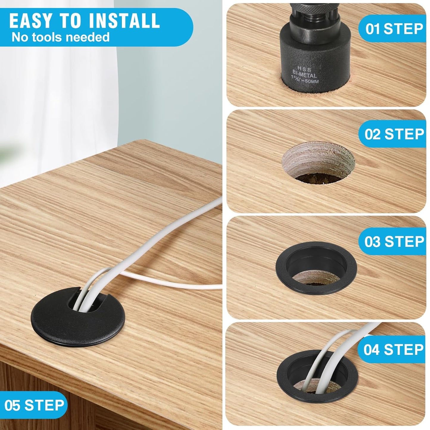 1-1/2" Black Desk Grommet with Bi-Metal Hole Saw, JTemgle Plastic Cable Hole Cover Computer Table Cord Wire Organizer Caps, Desktop Cord Management for Home Office TV Stands Tabletops, 13 Pieces