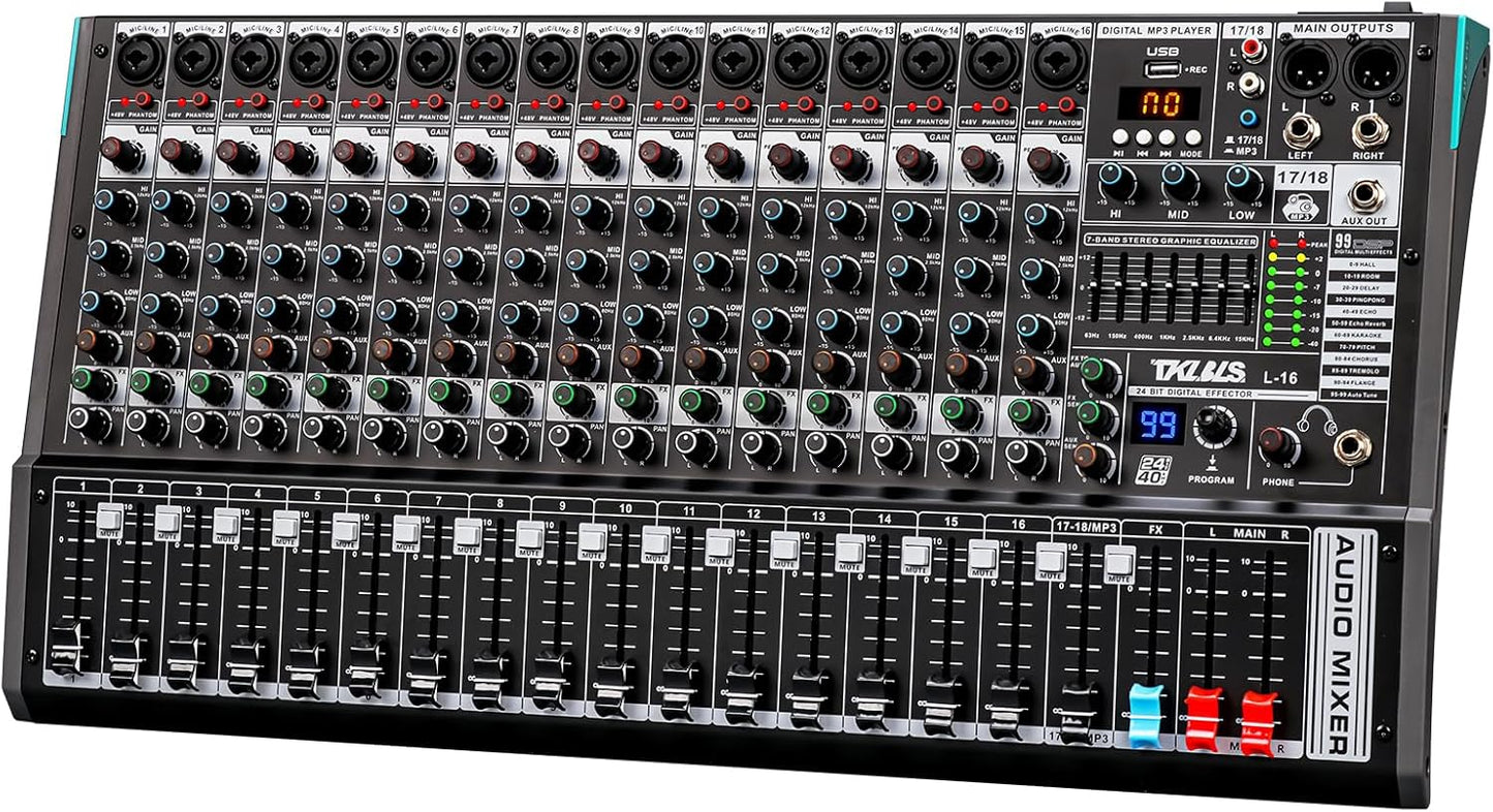 Audio Mixer, TKLBLS Professional 16 Channel DJ Mixer Board with 99-Bit DSP, Sound Board Mixing Console 7-Band EQ Output, USB Audio Interface, Bluetooth 48V Phantom Power For Karaoke Studio Streaming