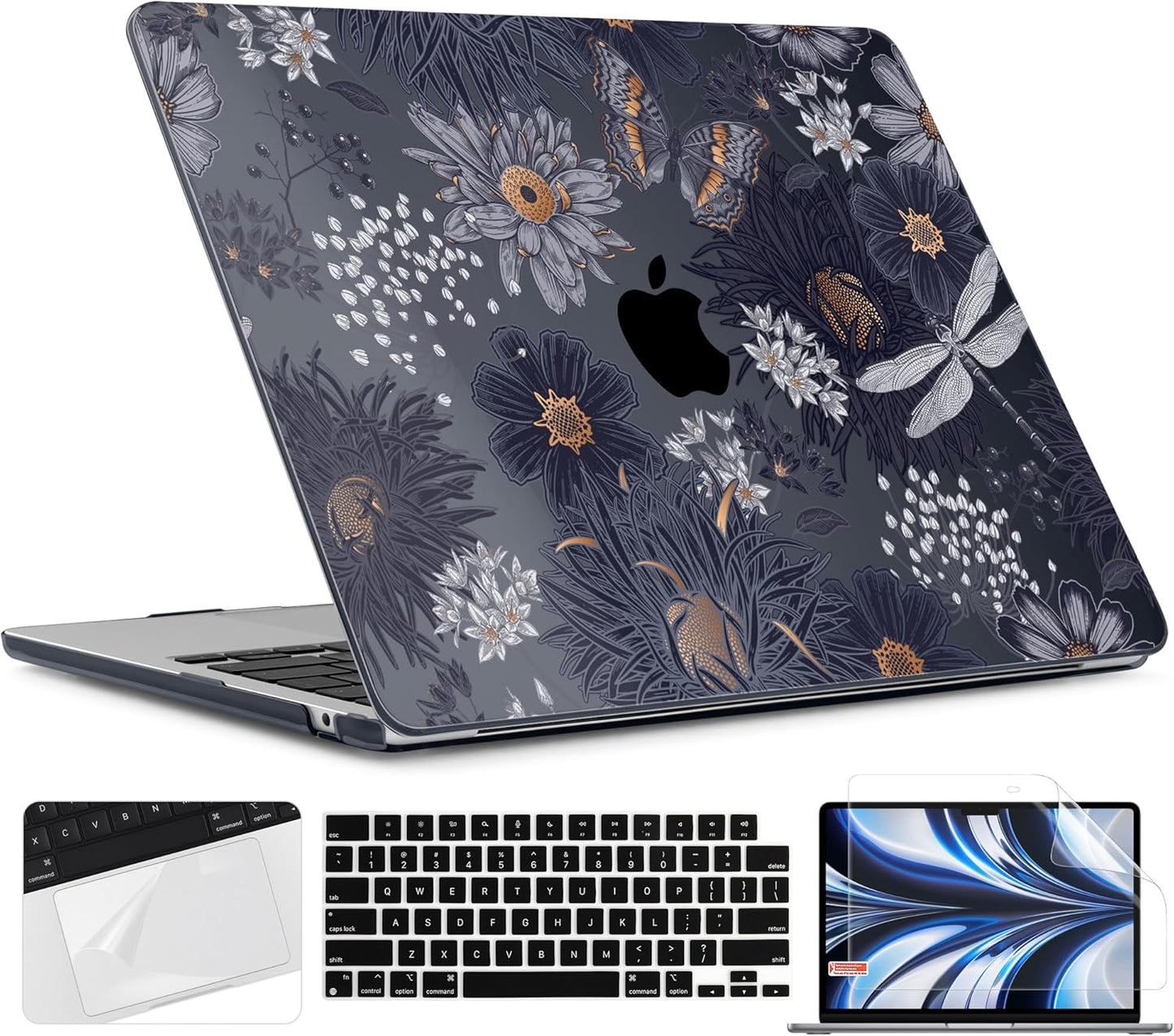TWOLSKOO for M4 MacBook Air 13.6 inch Case 2025-2022 Release M4 A3240 M3 A3113 M2 A2681, Plastic Hard Shell & Screen Protector & Keyboard Cover & Trackpad Film, Wild Flower