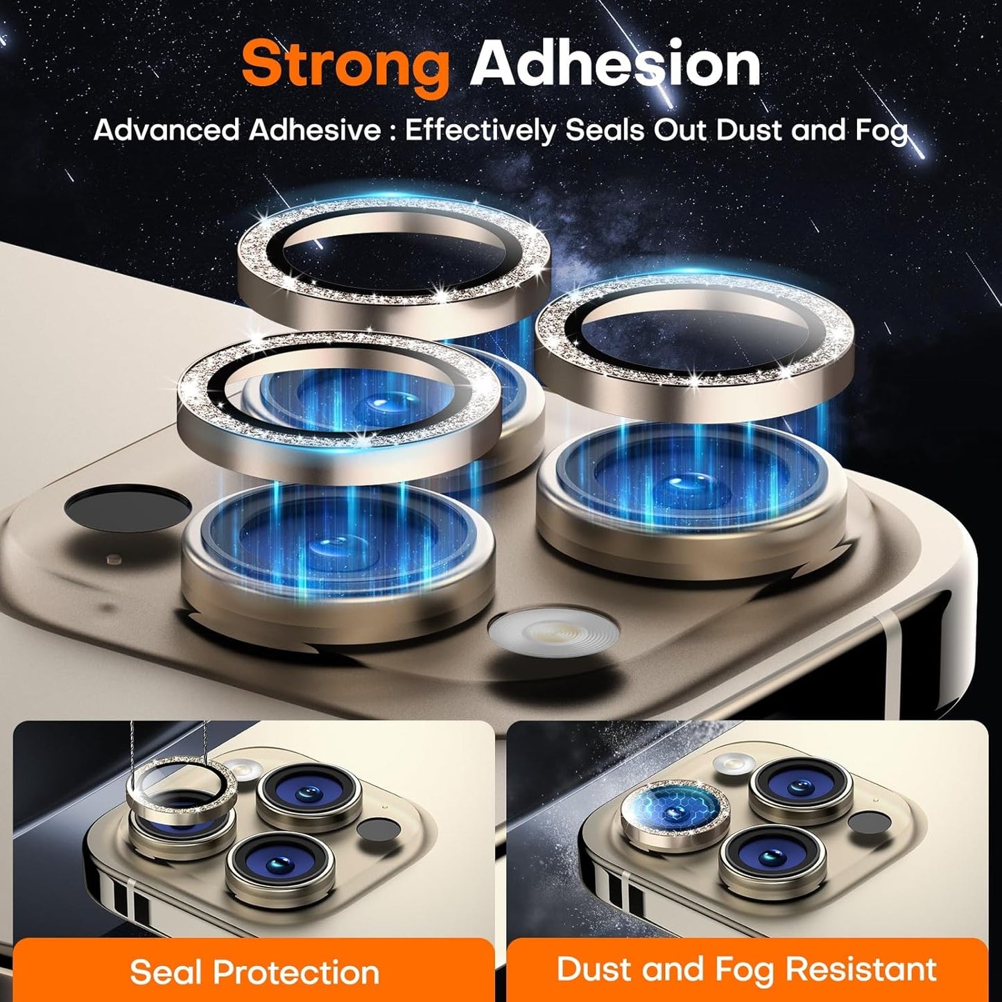 Camera Lens Protector for iPhone 16 Pro Max/16 Pro/15 Pro Max/15 Pro/14 Pro Max/14 Pro, Sapphire Glass Metal Individual Camera Cover Screen, Anti-drop, Case Friendly- Glitter Natural Titanium