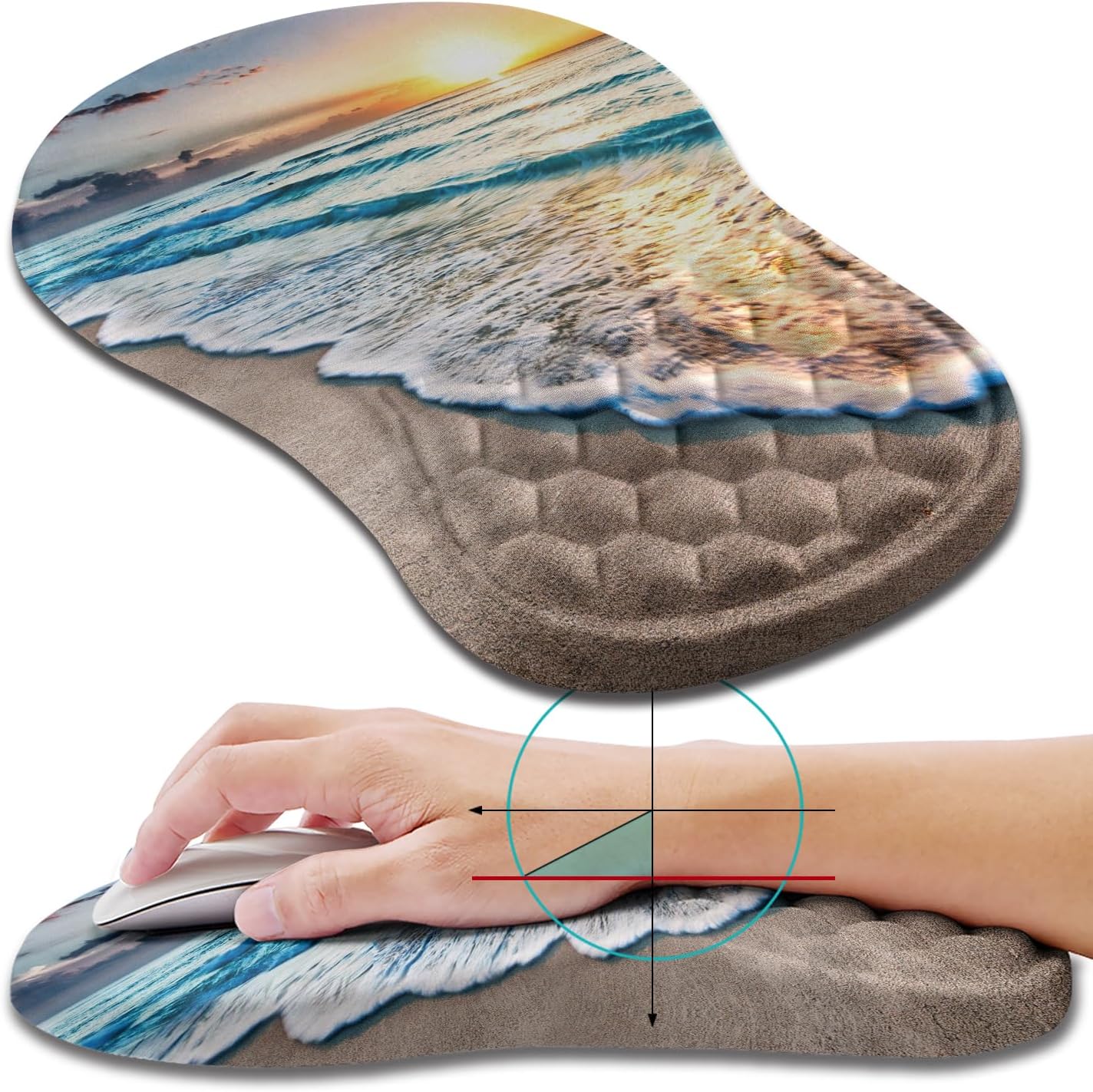 Hokafenle Ergonomic Mouse Pad Wrist Support, Wrist Rest Mousepad for Carpal Tunnel Pain Relief with Integrated Memory Foam Slope Massage Bulge (11.8x7.9 inch,Beach Sunset