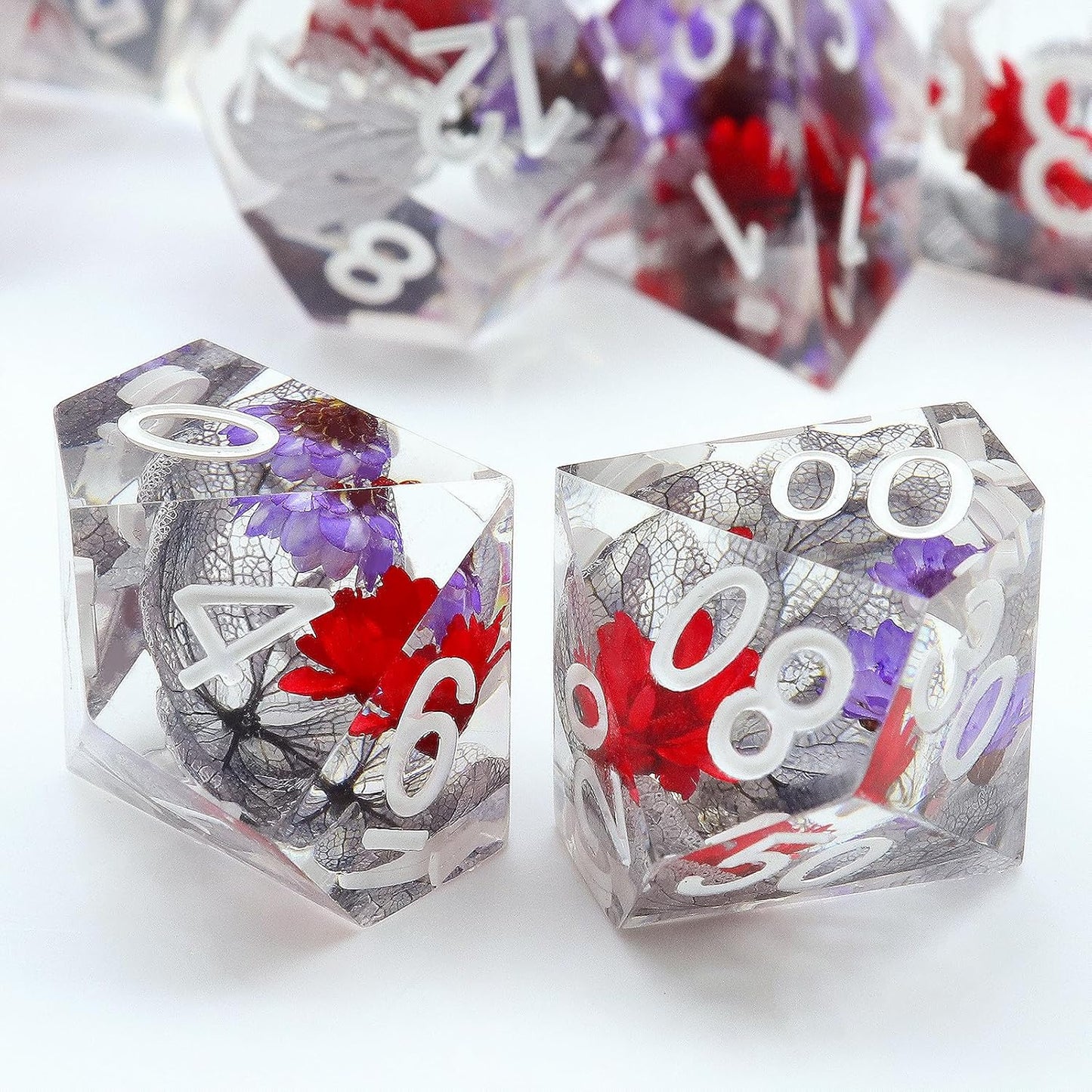 Haxtec Flower DND Dice Set Sharp Edge Dice with Dice Case Handmade Red Purple Floral Resin D&D Dice Set for TTRPGs Compatible with Dungeons and Dragons Gifts