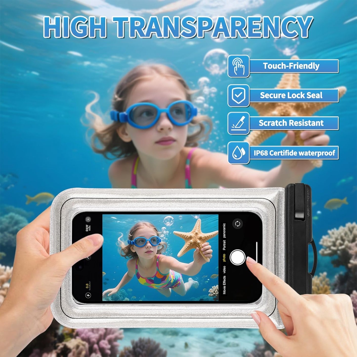 Floating Waterproof Phone Pouch, IPX68 Waterproof Phone Case with Lanyard for iPhone 16 15 14 13 Pro Max Samsung S25 S24 S23 S22, Up to 7", Beach Vacation Essentials, Glitter Silver