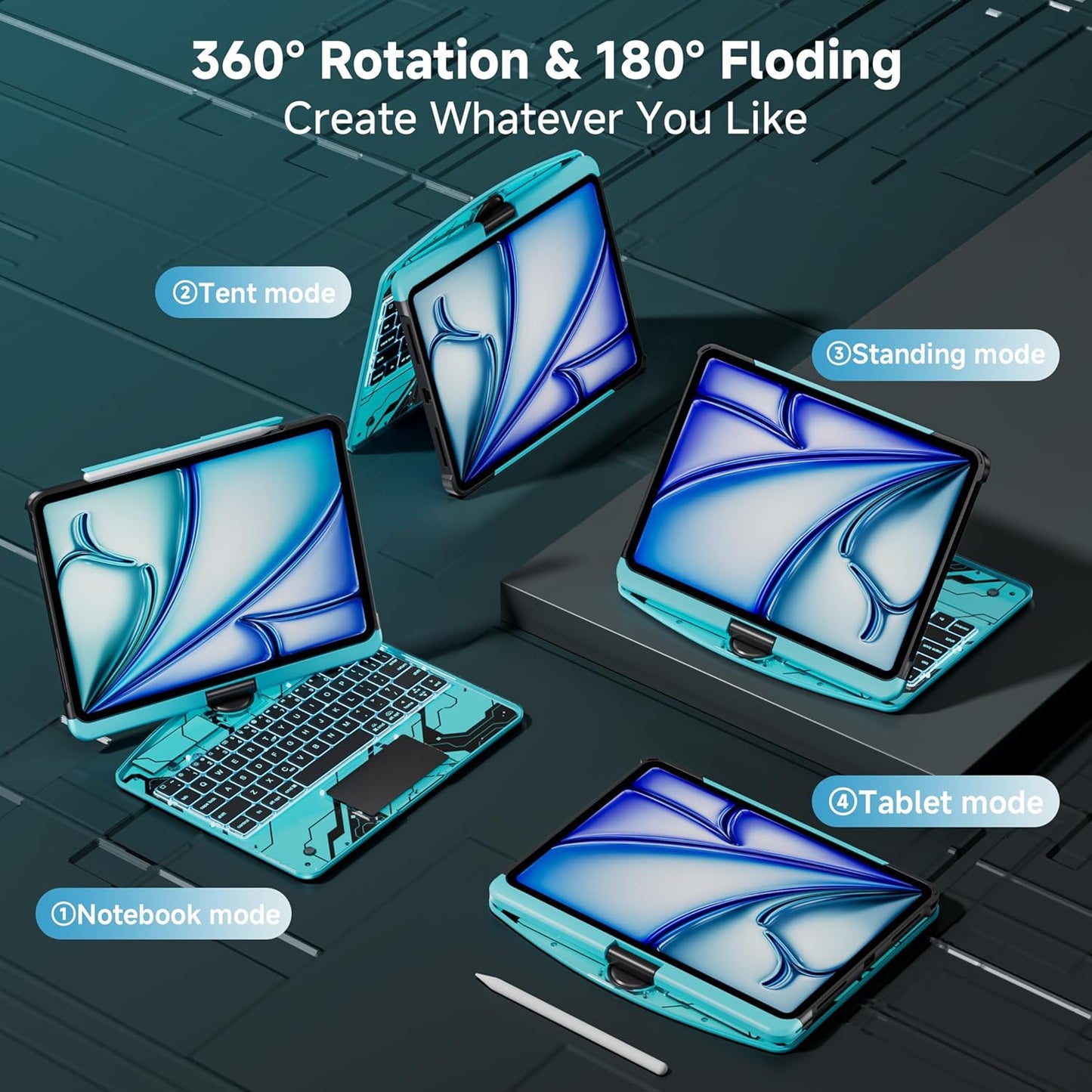 iPad Keyboard Case for 2024 M4 iPad Pro 11 inch, Magic Wireless Keyboard with Trackpad 7 Color Backlit, 360° Rotating Stand Transparent Protective Cover with Pencil Holder (Cyan)