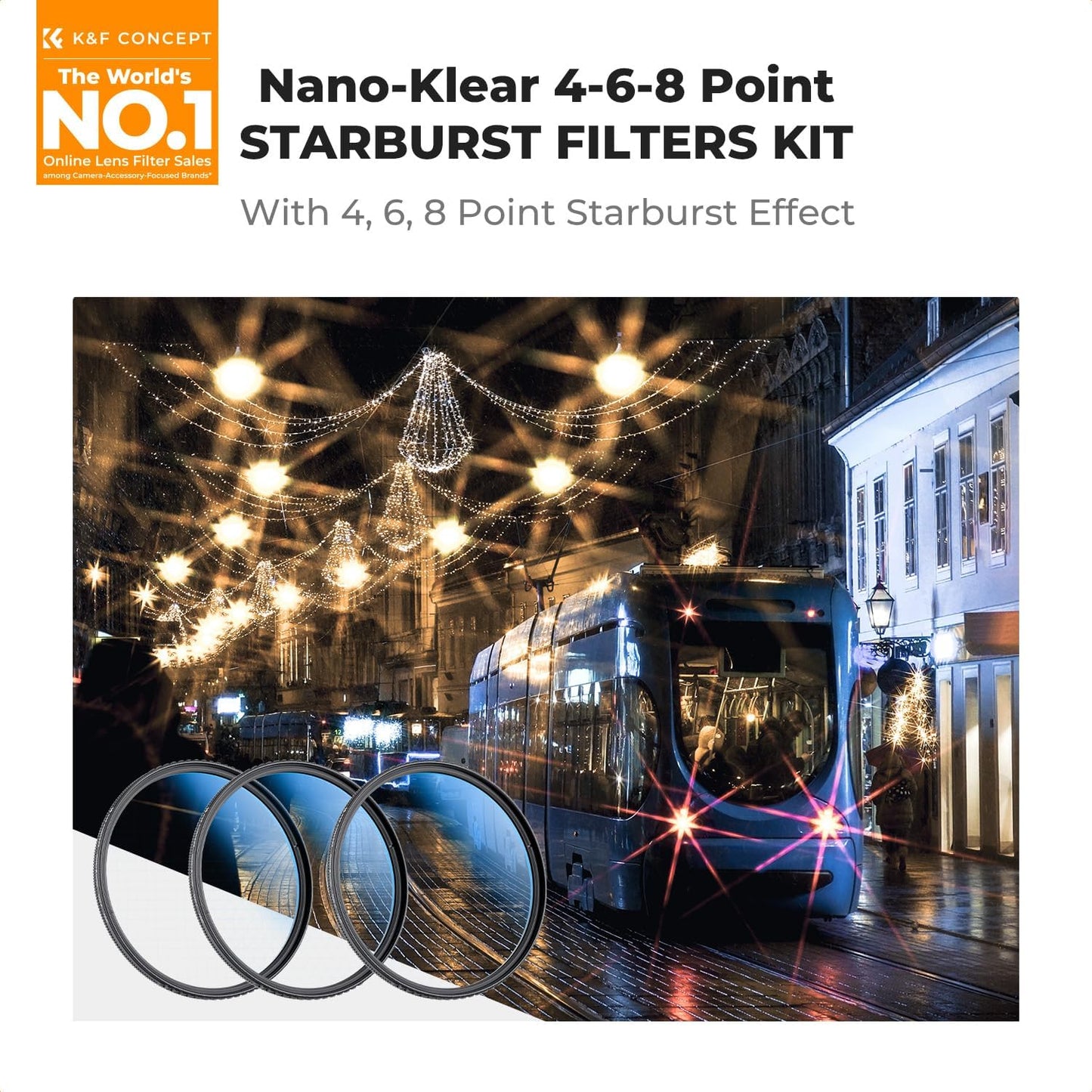 K&F CONCEPT 58mm Star Filters Kit (3pcs) 4 Points 6 Points 8 Points Cross Screen Starburst Filters Set -18 Layer Coating Ultra Slim Optical Glass Camera Lens Filter with 3 Cleaning Cloth