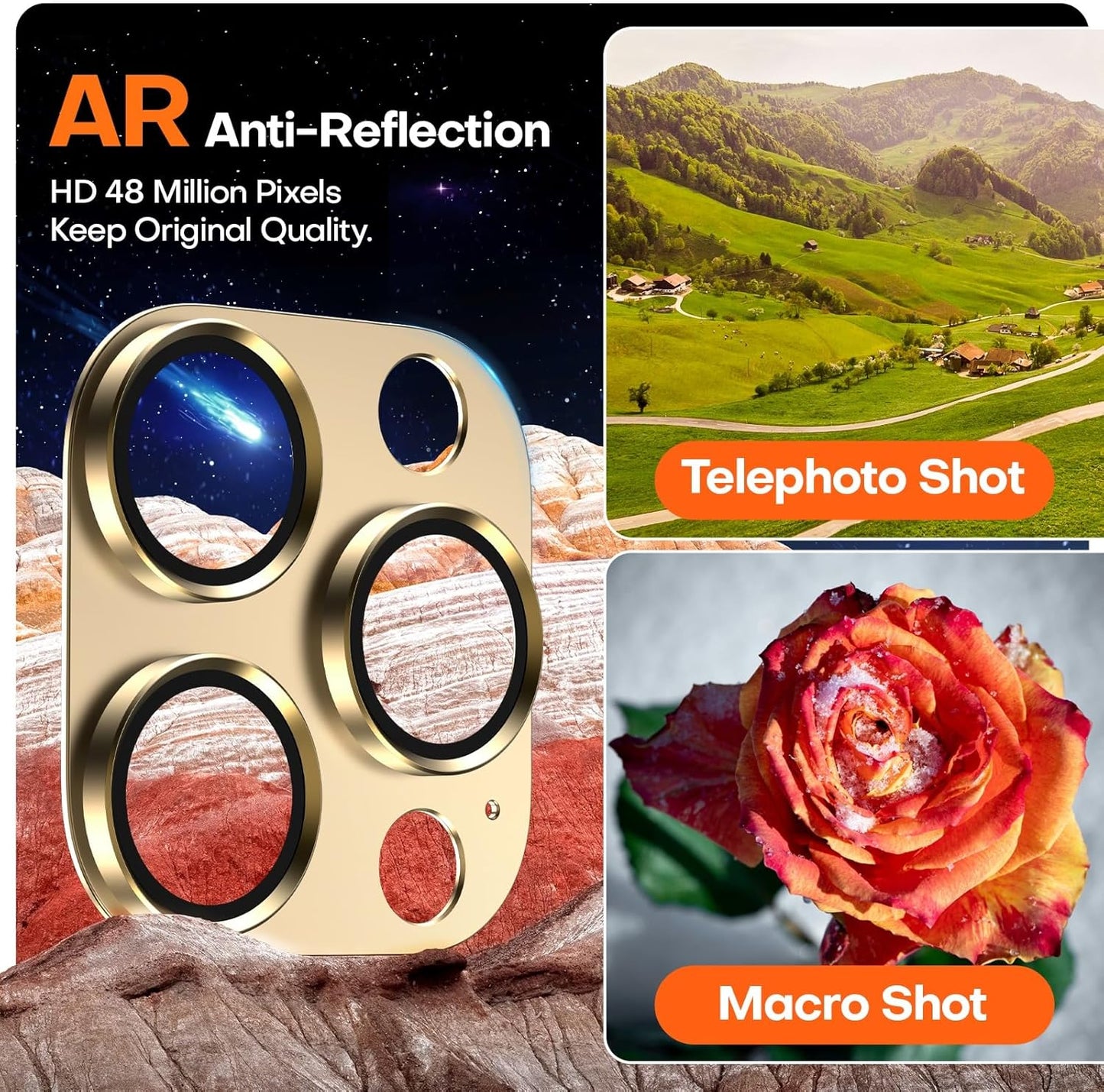 Camera Lens Protector for iPhone 16 Pro Max/16 Pro/15 Pro Max/15 Pro/14 Pro Max/14 Pro, Aluminum Alloy Sapphire Glass Camera Screen Cover, Case Friendly- Gold