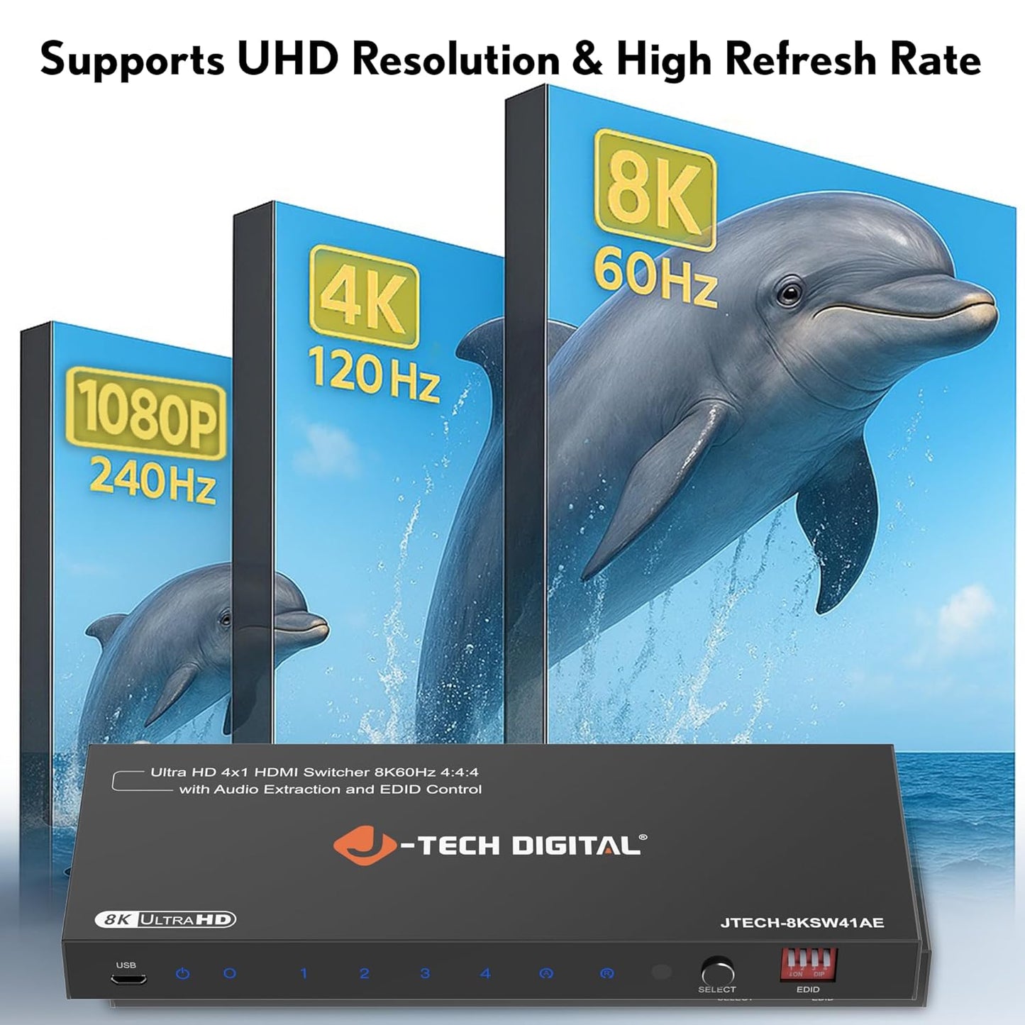 8K HDMI Switch 4 in 1 Out, 8K@60Hz 4K@120Hz 1080P@240Hz with Audio Extraction, HDMI to Optical & Analog 3.5mm, HDR HDCP2.3 EDID Control (JTECH-8KSW41AE)