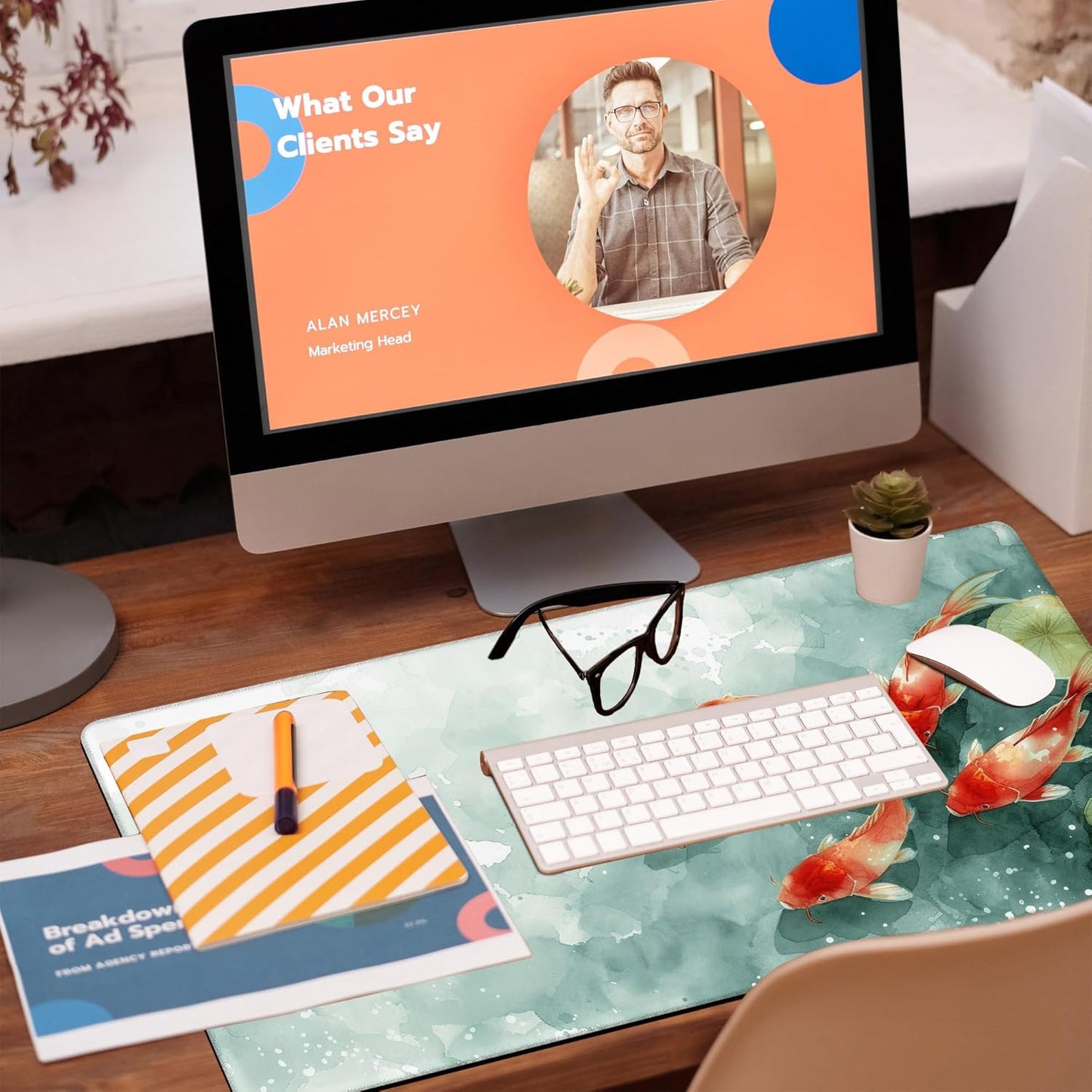 Desk Pad, Watercolor Koi Fish Desk Mat, Koi Fish in Pond Large Gaming Mouse Pad, 31.5"x15.7" Extended Big Computer Keyboard Mouse Pad with Non-Slip Base and Stitched Edge