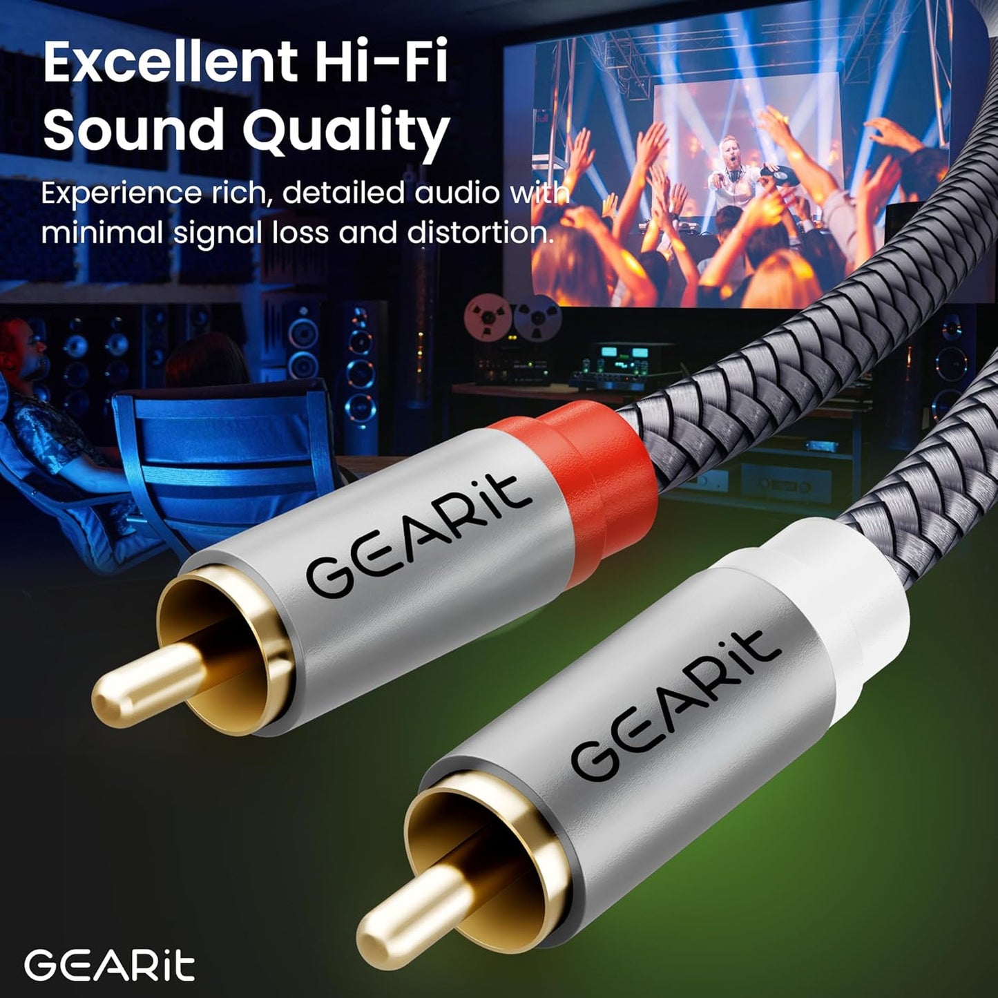GEARit RCA Cable (15FT) 2RCA Male to 2RCA Male Stereo Audio Cables Shielded Braided RCA Stereo Cable for Home Theater, HDTV, Amplifiers, Hi-Fi Systems, Car Audio, Speakers, 15 Feet