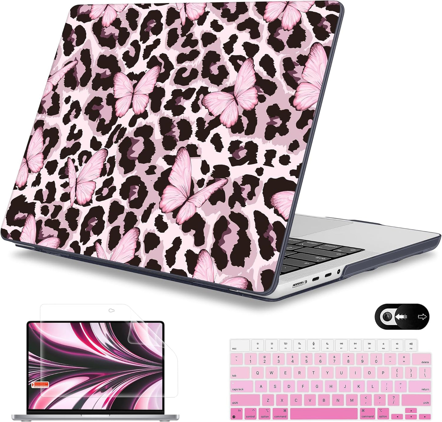 Mektron Case for 2025 MacBook Pro 16" M4 A3403 A3186 M3 A2991 M2 A2780 M1 A2485 (2021/2023/2024) Pro/Max with Touch ID, Hard Shell Plastic Laptop Cover Keyboard Cover, Leopard Pink Butterfly