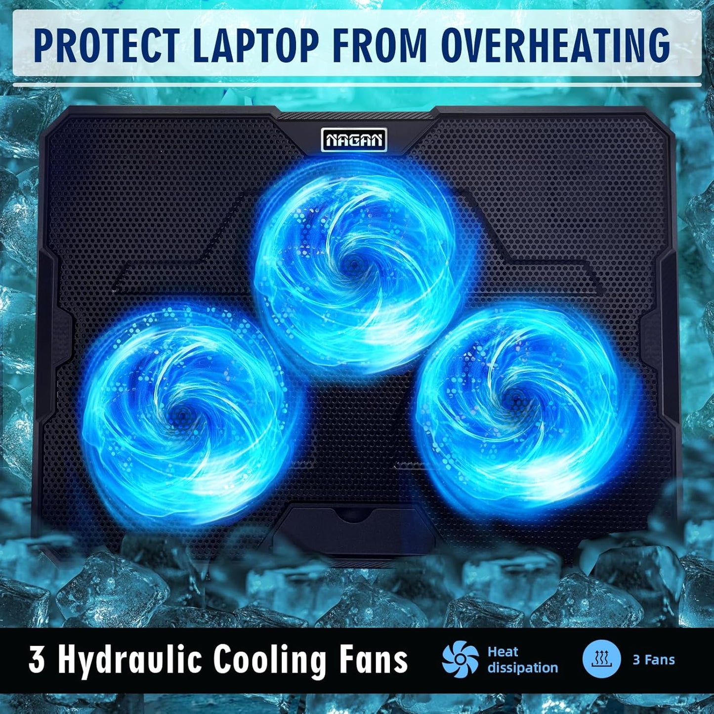 NAGAN Laptop Cooling Pad with 3 Fans, Ergonomic Cooling Pad for Laptop with Dual USB 2.0 Ports, USB Powered Metal Mesh Gaming Notebook Cooler, Fits 15-17.3 inch Laptops