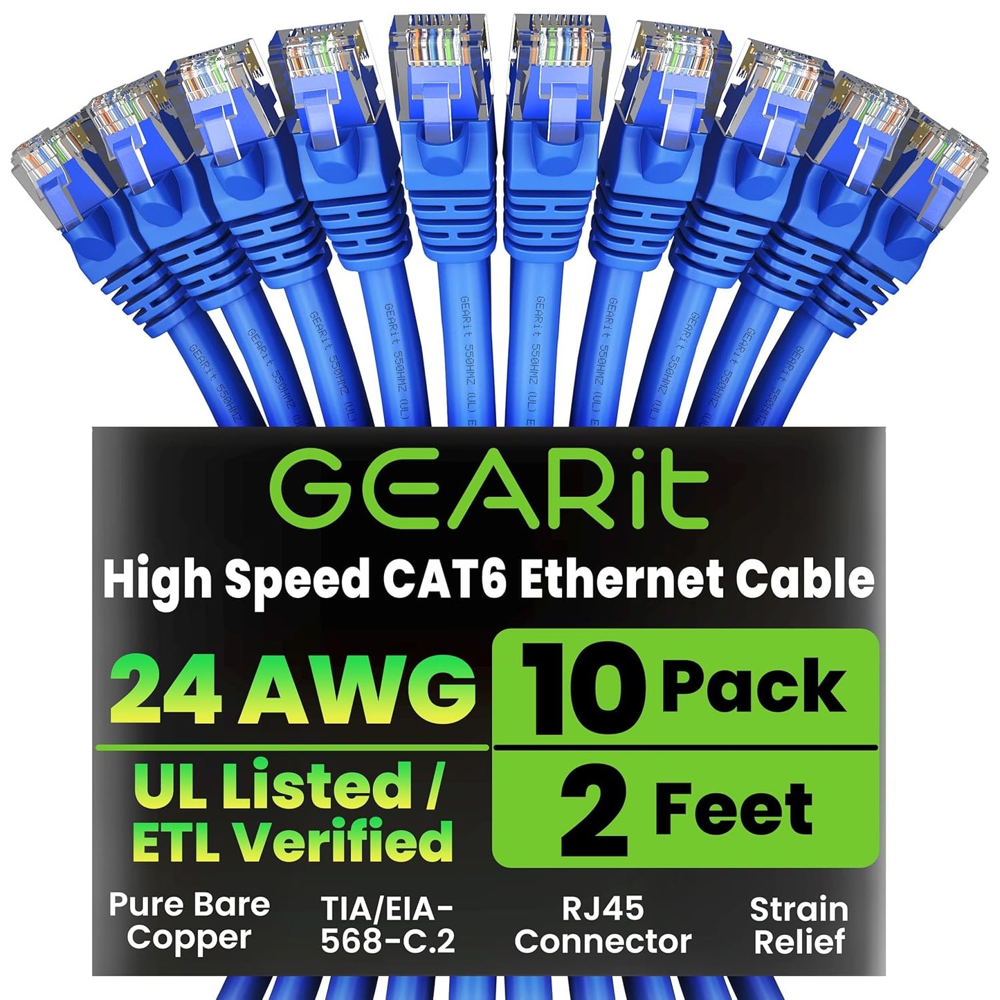 GearIT Cat 6 Ethernet Cable Pack - 10-Pack 2 ft Cat6 Ethernet Patch Cables | RJ45 Network Patch Cable, 10 Gbps Snagless Gold-Plated Connectors - Ethernet Cable Cat 6 for PC, TV, Router - Blue
